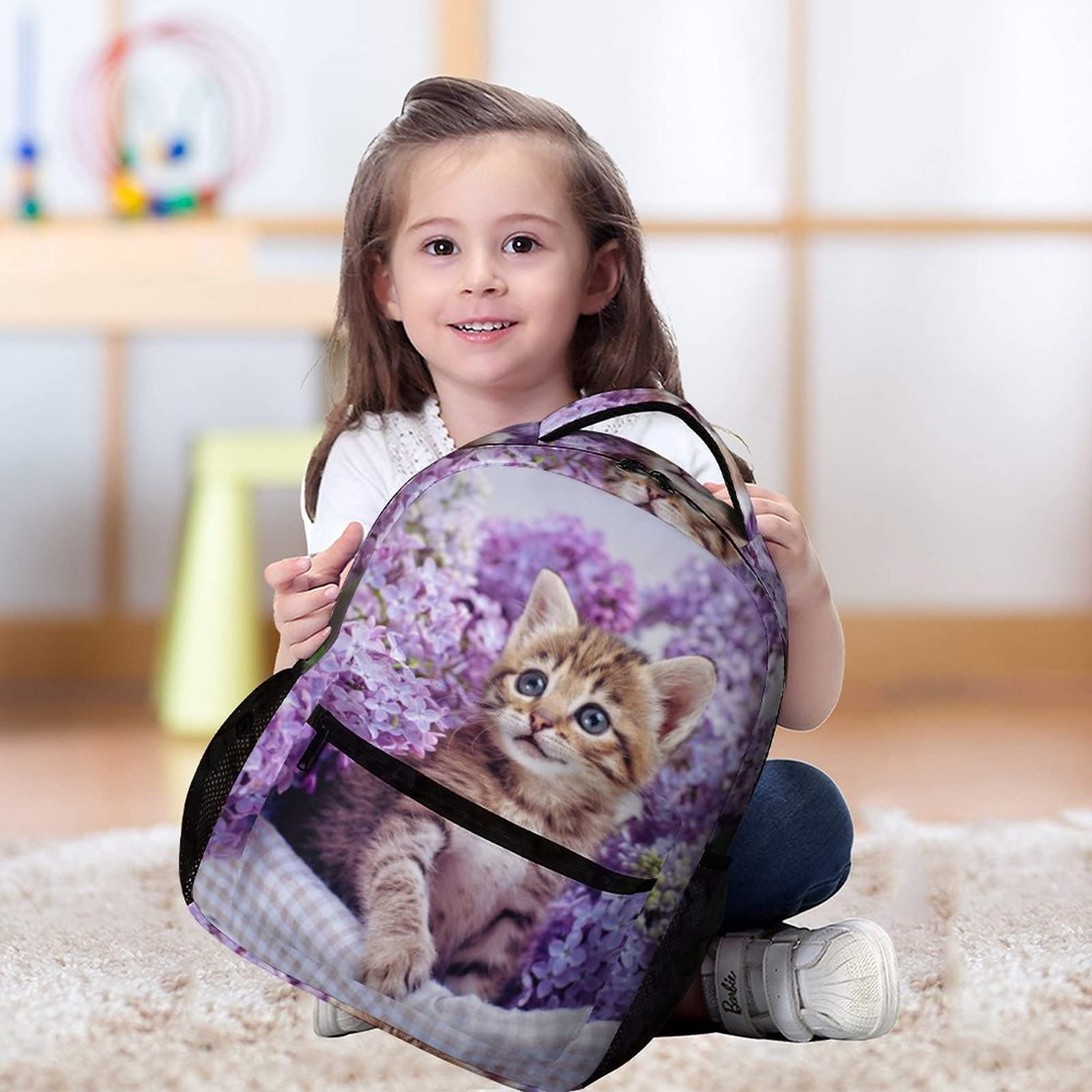 Cute Kitten Purple Flower Kids Backpack for School - Durable Bookbag for Boys & Girls - Perfect for Elementary Students, Daycare & Travel Accessories