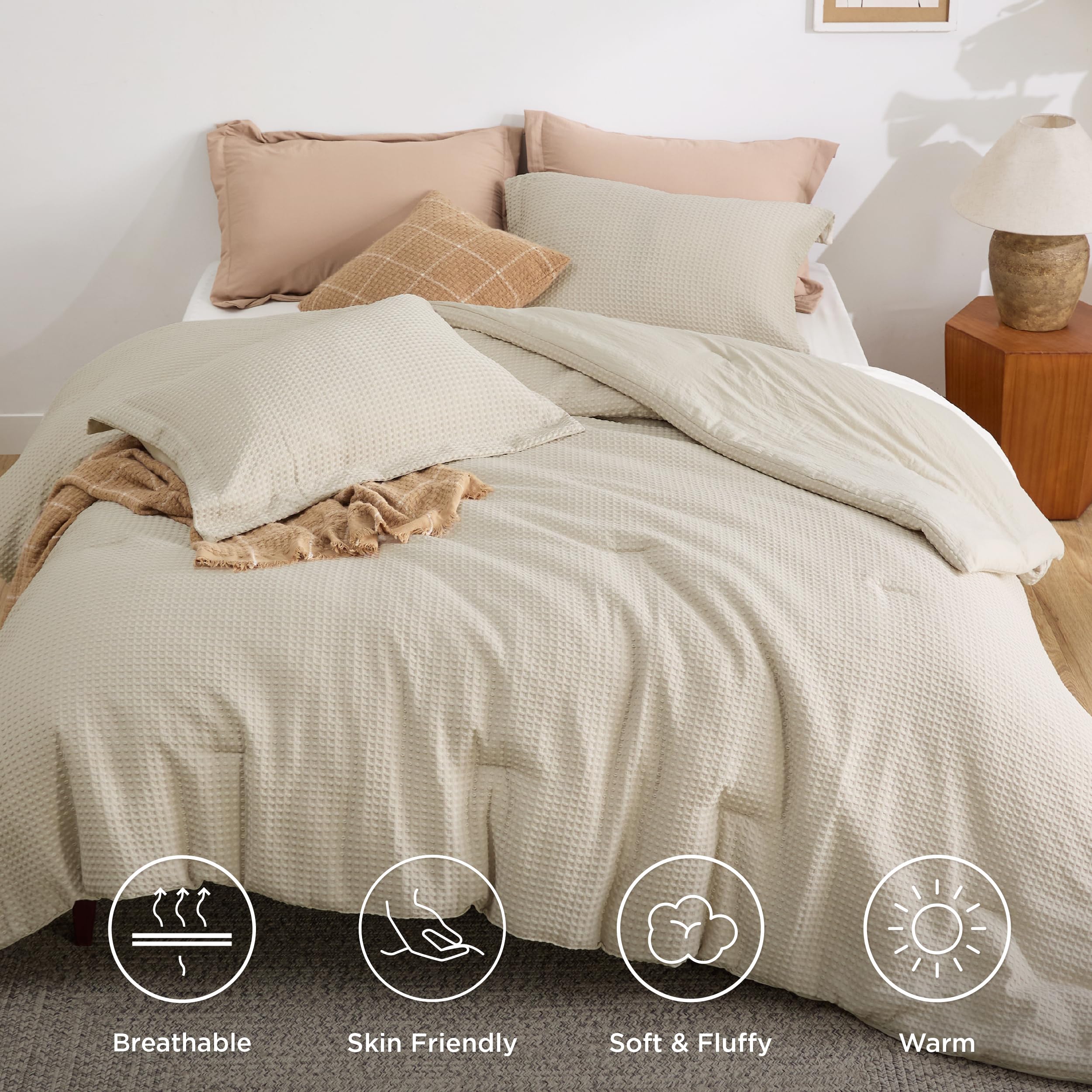Bedsure King Size Waffle Comforter Set - Soft & Breathable Linen Bedding (3-Piece) - 1 Waffle Weave Comforter (104