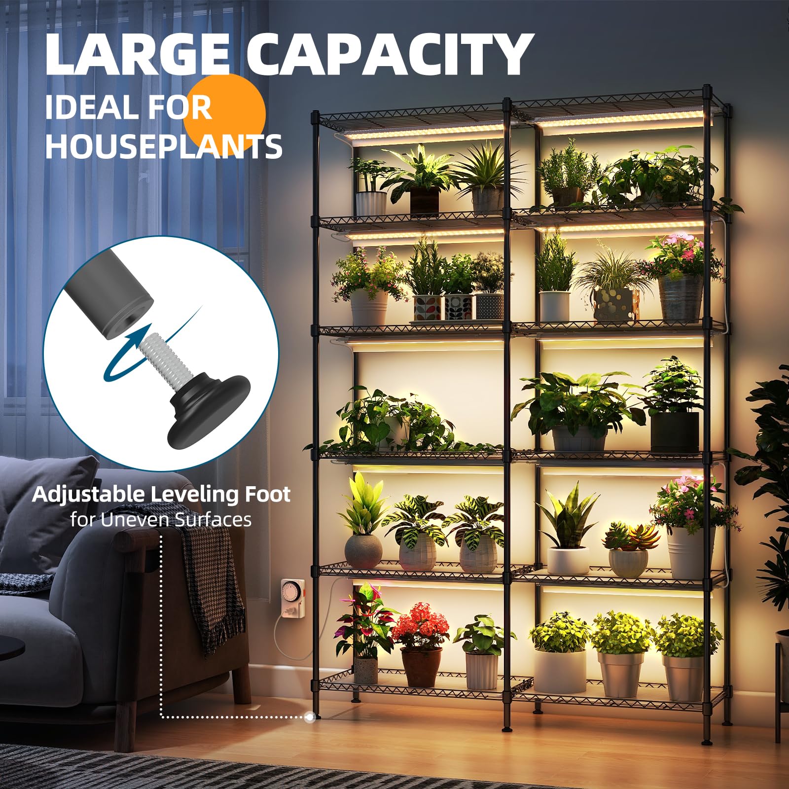 Barrina 6-Tier Tall Metal Plant Stand with 10Pcs 1.6FT 20W Full Spectrum Grow Lights - Indoor Plant Shelf for Herbs, Succulents & Flowers - Perfect for Home, Office, Balcony Gardening (47x13.8x70.9 Inches)