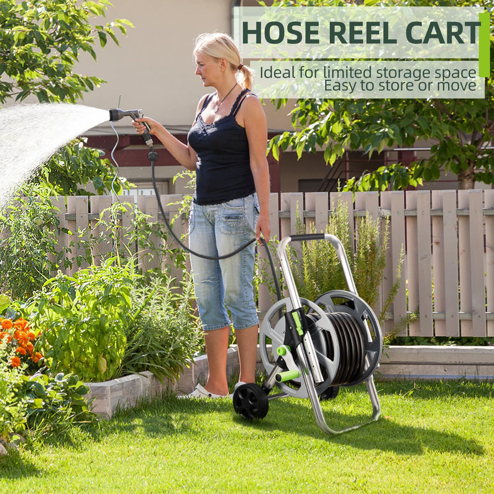 Portable Metal Garden Hose Reel Cart with Wheels - Holds 75-150Ft of 5/8 Inch Water Hose for Outdoor Yard, Lawn & Garden Use - Perfect for Watering Plants, Washing Cars & Cleaning Patios