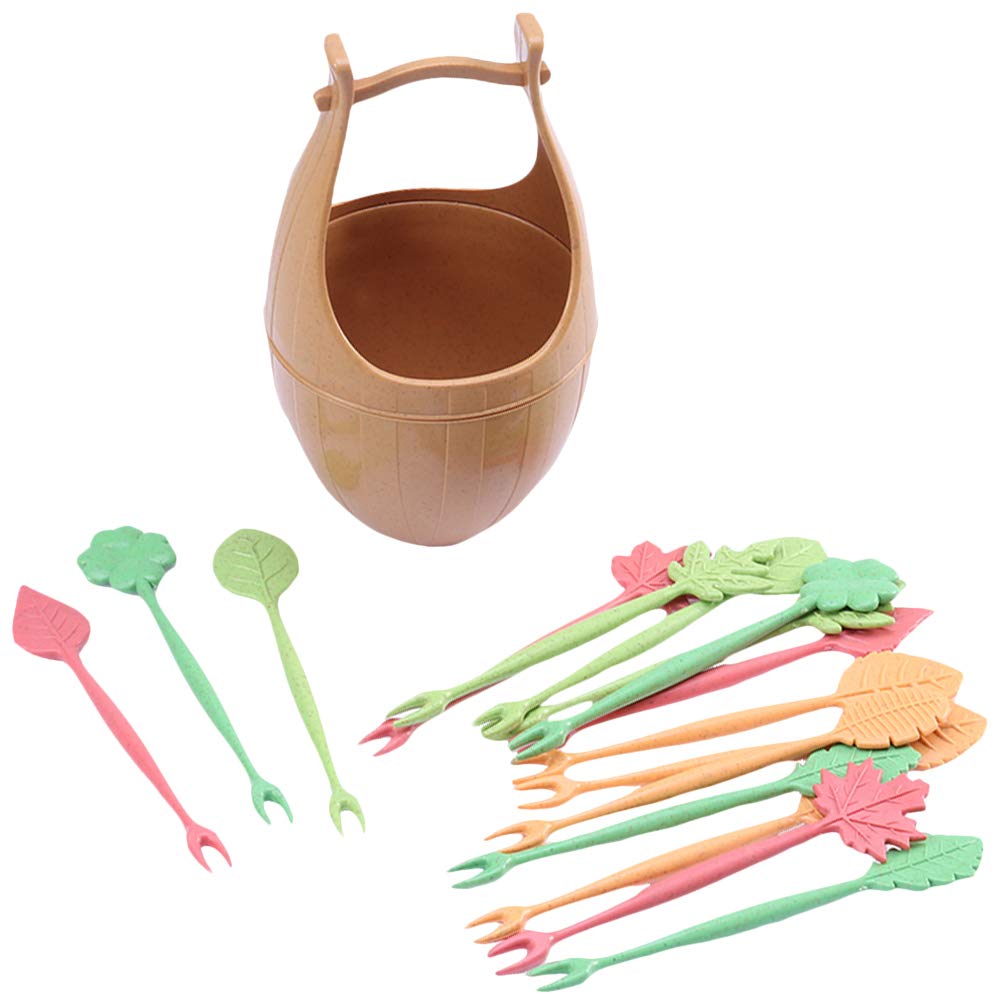DOITOOL 16PCS Reusable Eco-Friendly Leaf-Shaped Fruit Picks - Orange Fruit Toppers for Party Decorations, Desserts & Cocktails | Includes Storage Bucket