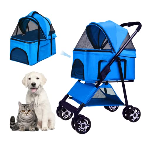 Premium Pet Stroller with Pump-Free Rubber Tires, Reversible Aluminum Frame & Detachable Car Seat - Ideal for Small & Medium Dogs & Cats - Perfect for Park Walks, Vet Visits & Shopping Trips