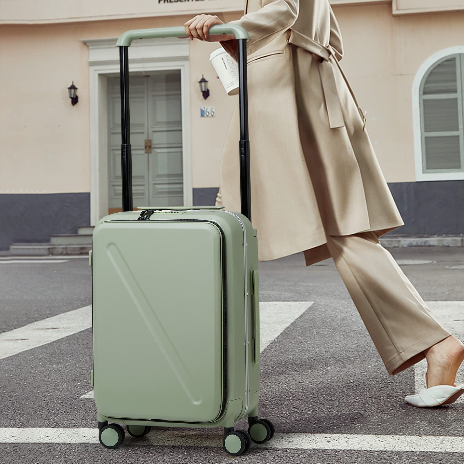 MILADA 20 Inch Hard Shell Carry-On Luggage with Front Opening Pocket - TSA Approved, Airline Compliant (22x14x9 Inches) - Lightweight Spinner Suitcase with 360° Wheels & Wide Handle for Travel - Perfect for Business Trips & Weekend Getaways - Green