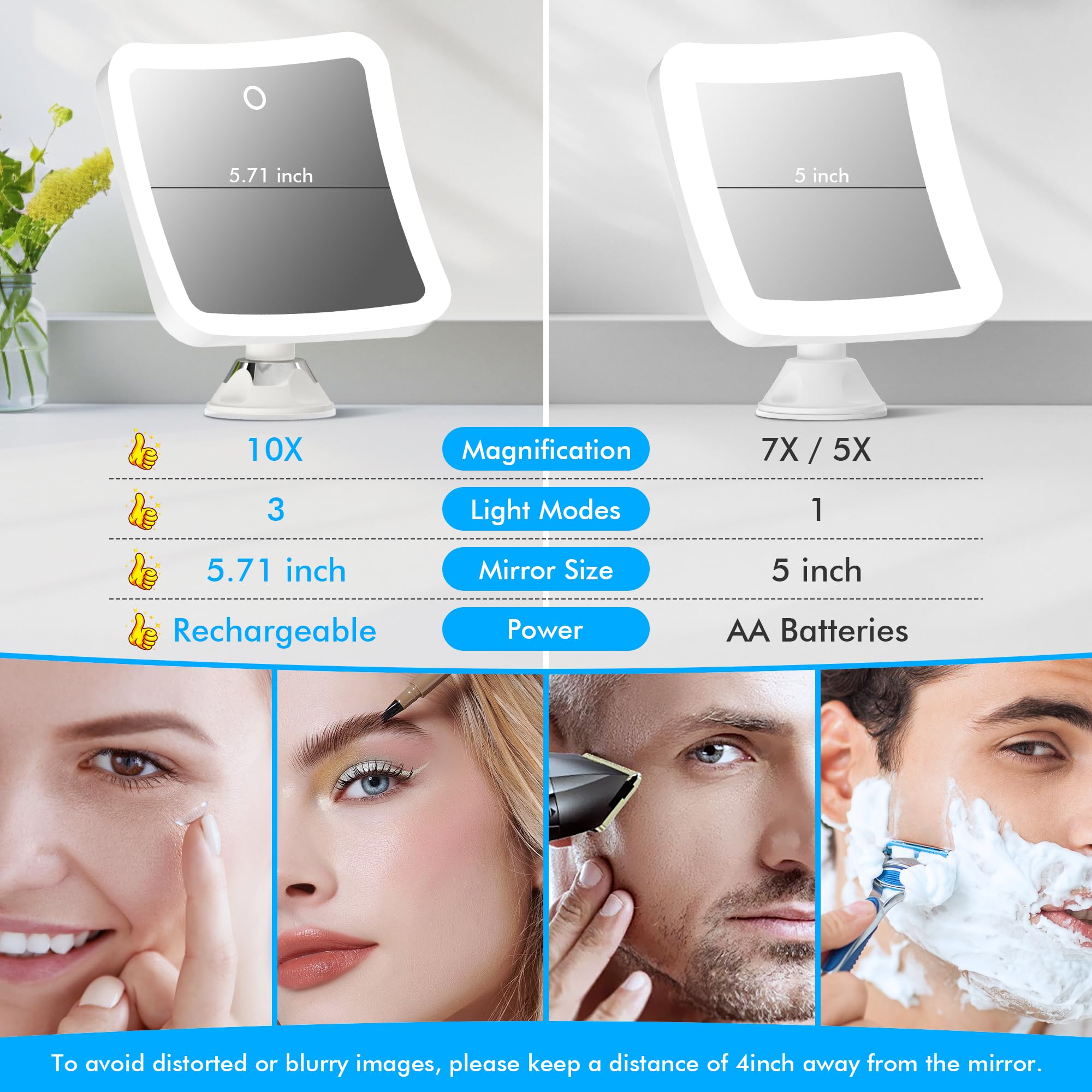 10X Magnifying Lighted Makeup Mirror with Daylight LED - Rechargeable, Cordless, 360° Rotation, 7