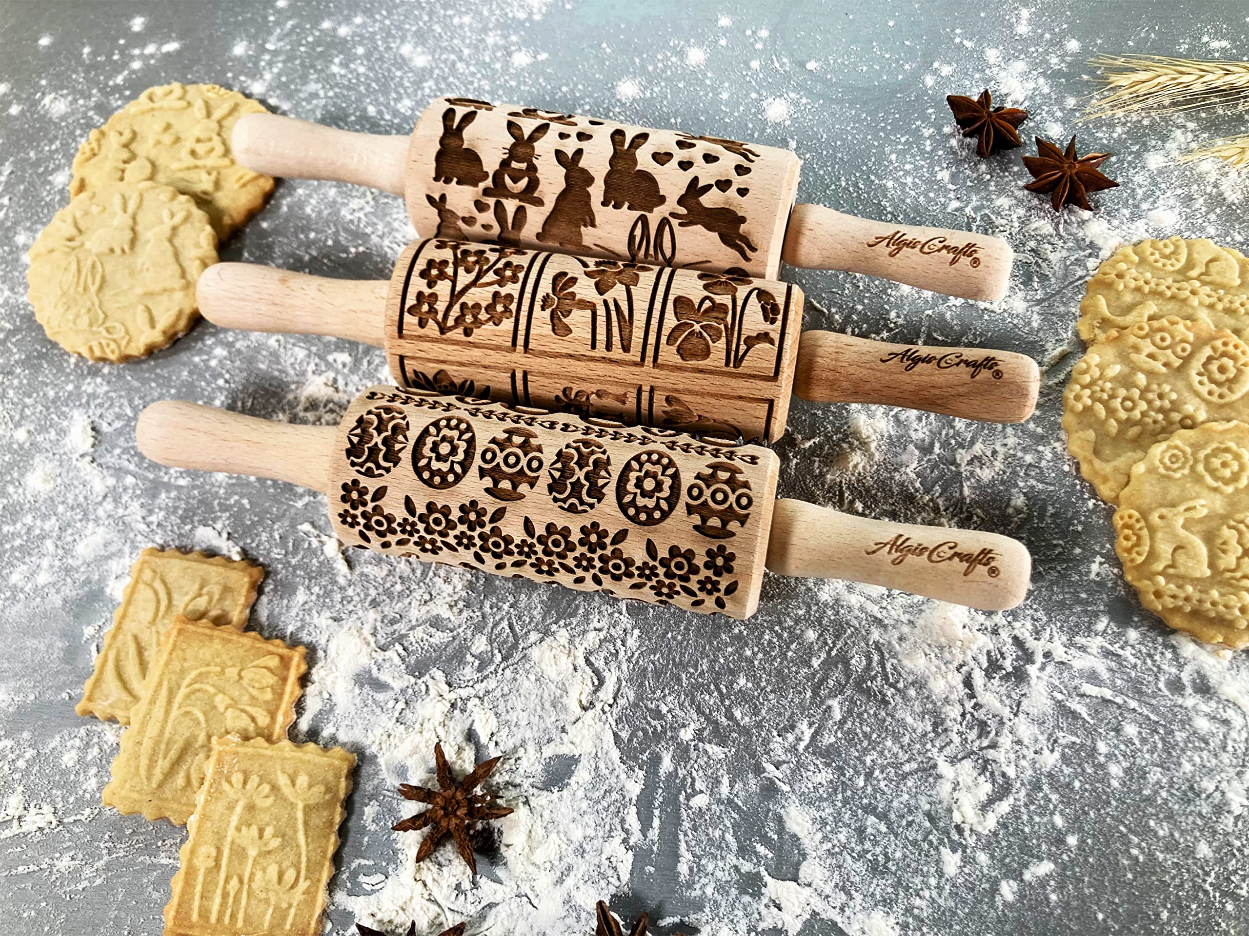 EASTER 3 Mini Embossed Rolling Pin Set - Wooden Laser Cut Cookie Rolling Pins for Easter Baking (Rabbit, Egg, Chicken, Spring Flowers Design) - Perfect for Holiday Cookies, DIY Crafts & Gift Giving by Algis Crafts