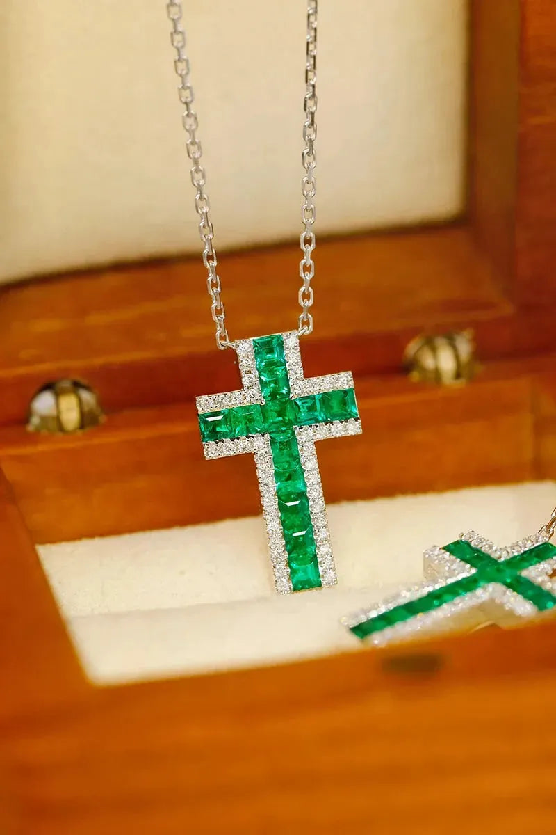 18K White Gold Cross Pendant Necklace with Real Natural Emerald & Diamonds for Women | Elegant Jewelry Gift for Birthday, Anniversary & Special Occasions