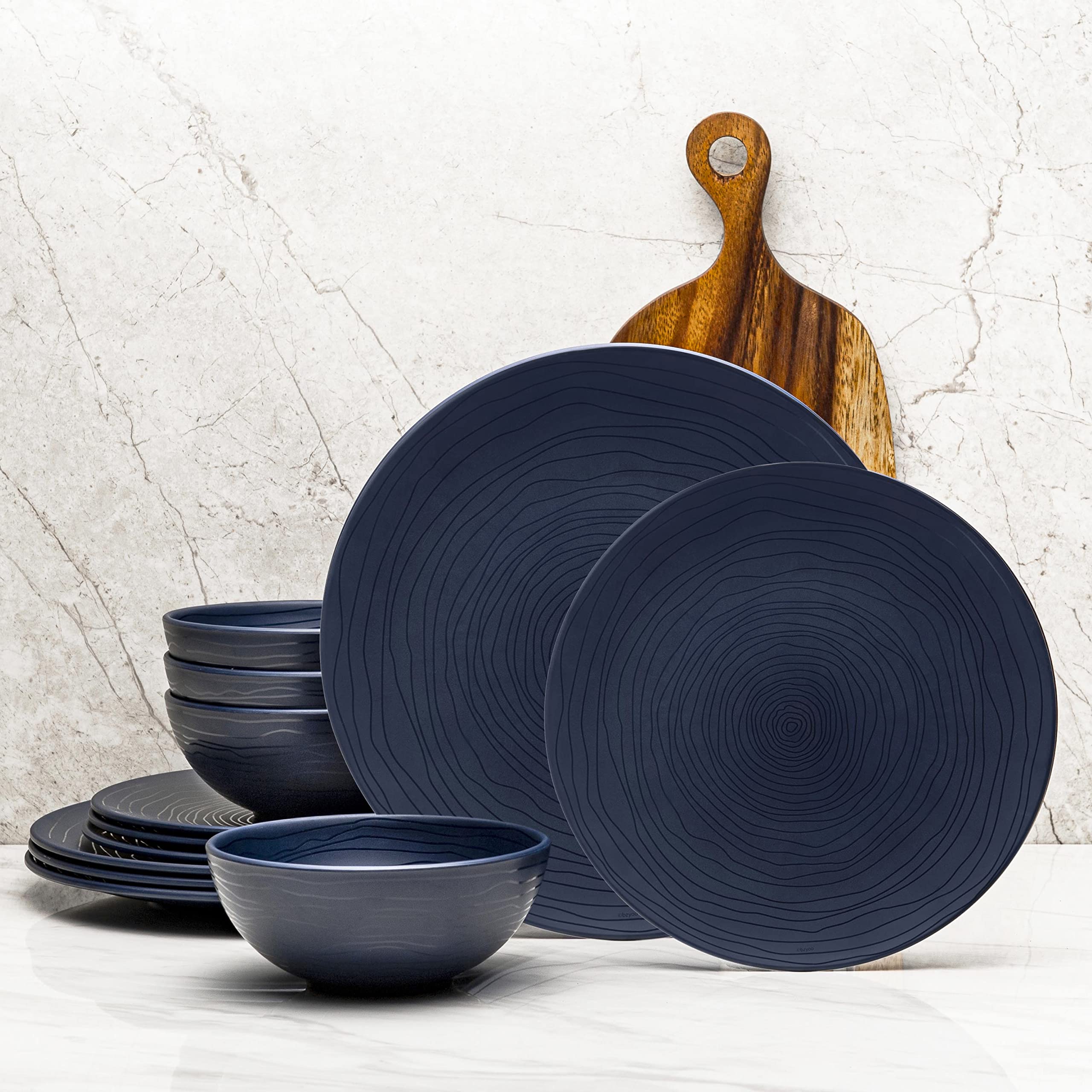 BPA-Free Melamine Dinnerware Set - 12-Piece Dishwasher Safe Plates & Bowls for 4 People, French Navy Blue - Indoor/Outdoor Dining, Holiday Parties, Camping & Casual Entertaining
