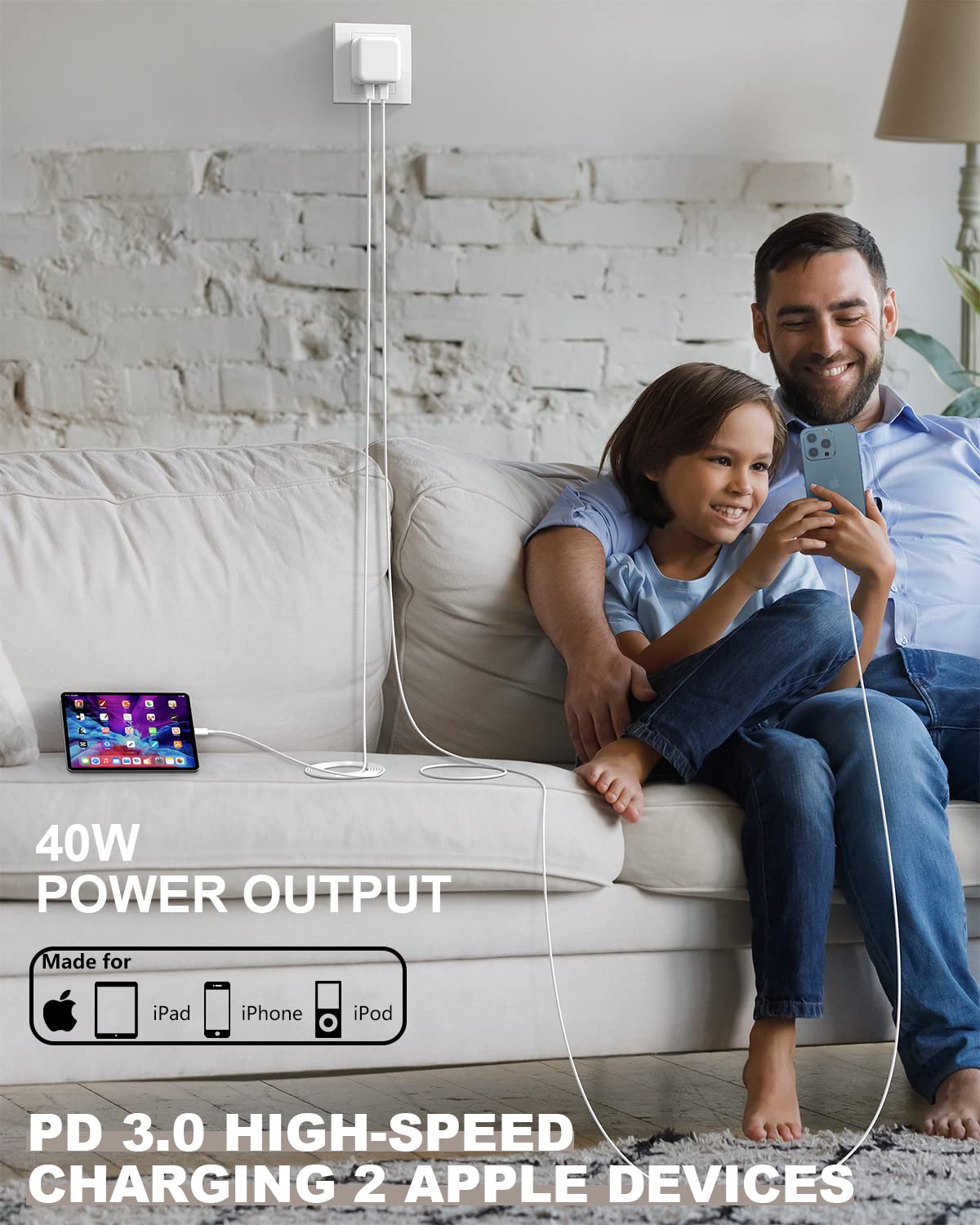 40W Dual USB-C Fast Charger with 10FT Extra Long Lightning Cable - 2 Pack for iPhone 14/13/12/11/XR/XS/SE & iPad | Foldable Design for Travel & Home Charging | Quick Wall Charger for Multiple Devices