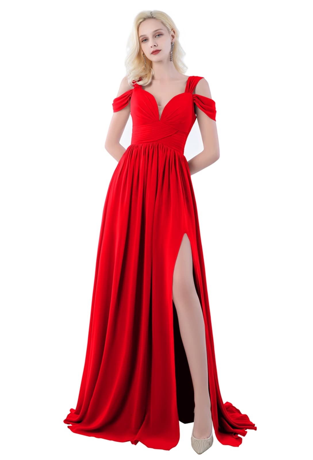 HEMASEN Elegant Cold Shoulder Pleated Chiffon Long Bridesmaid Dress for Wedding, Formal Evening Gown with High Slit - Perfect for Bridal Party, Prom, Cocktail Events & Special Occasions