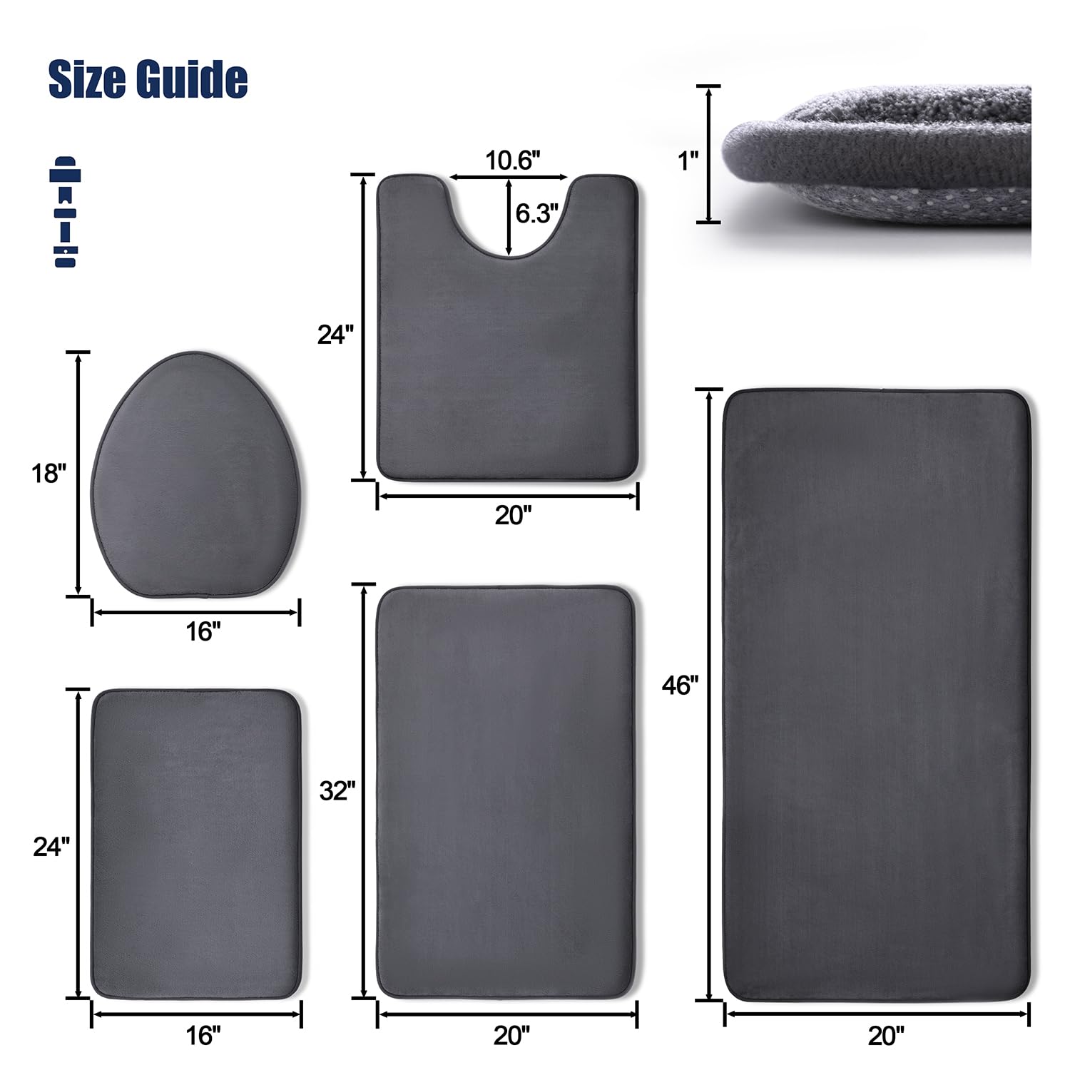 YIHOUSE 5-Piece Memory Foam Bathroom Rug Set - Super Absorbent, Non-Slip & Machine Washable Bath Mats - Quick Dry Bathroom Rugs in Dark Grey - Perfect for Bathroom, Shower & Vanity Areas