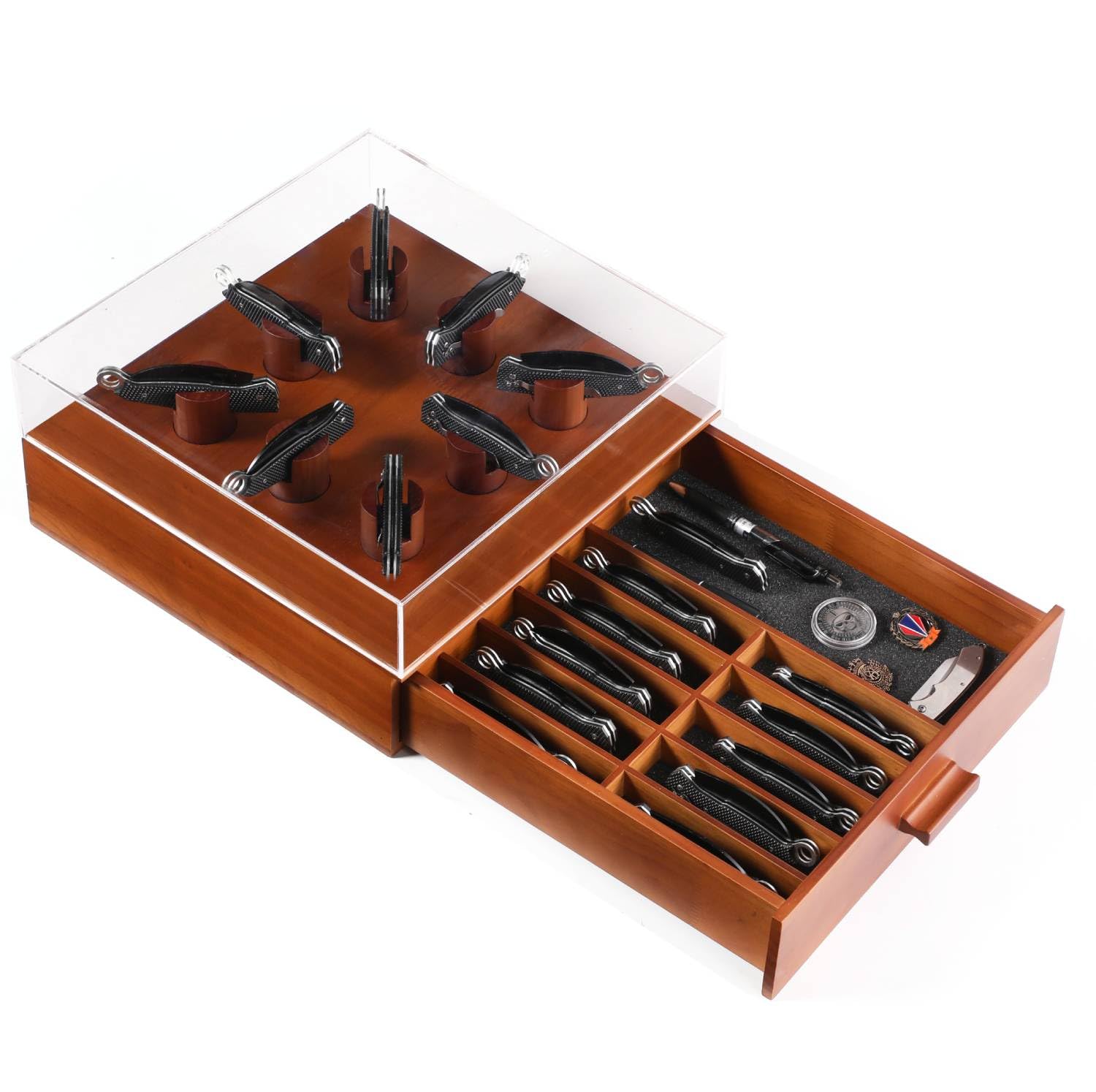 Premium Walnut Wooden Pocket Knife Display Case - 2-Tier Storage Holds 30 Knives with Shatterproof Acrylic Glass Top - Perfect for Collectors, Shops & Home Decor