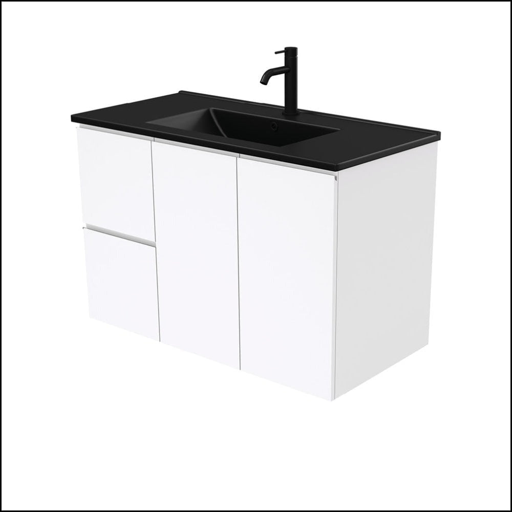 Fienza TCLB90FL 900mm Modern Bathroom Vanity with Dolce Matte Black Fingerpull & Gloss White Finish - Wall Mounted Left Drawer Storage for Small Spaces | Perfect for Apartments, Powder Rooms & Contemporary Homes