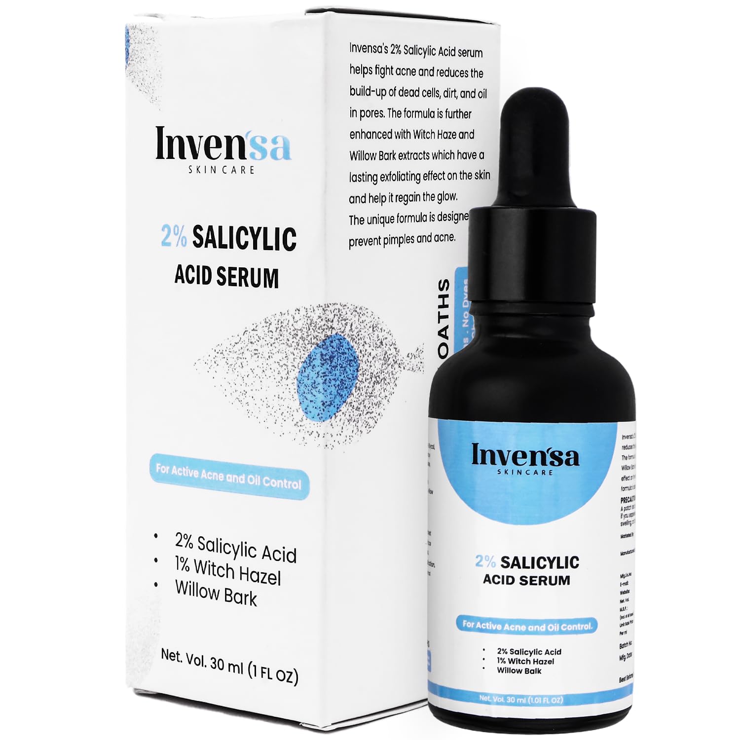 Invensa 2% Salicylic Acid Face Serum for Acne Treatment - Reduces Acne Marks, Blackheads & Dark Spots - Oil Control & Skin Texture Improvement - Ideal for Oily, Acne-Prone & Sensitive Skin - 30ml - Perfect for Daily Skincare Routine & Blemish Prevention
