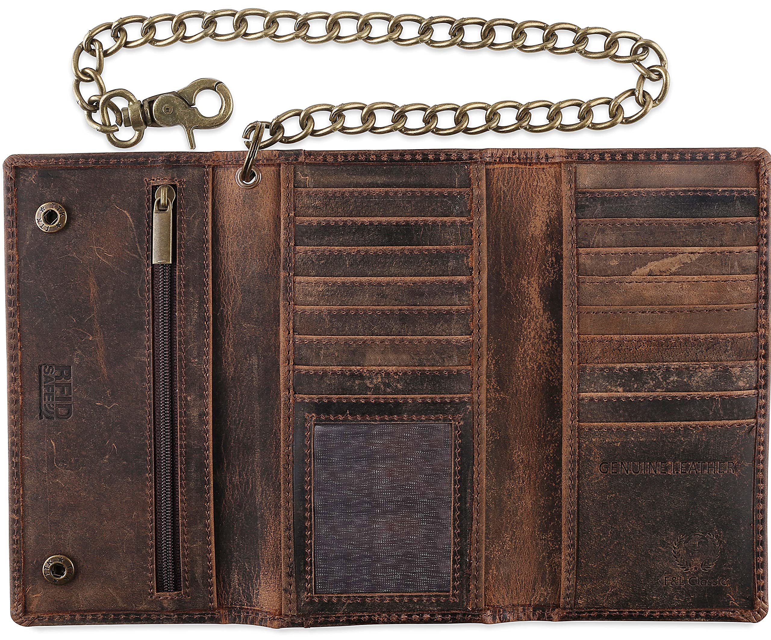 F&L CLASSIC RFID Blocking Men's Tri-Fold Long Wallet - Genuine Cowhide Leather with Steel Chain - Vintage Buffalo Leather Design - Perfect for Travel, Business & Everyday Use
