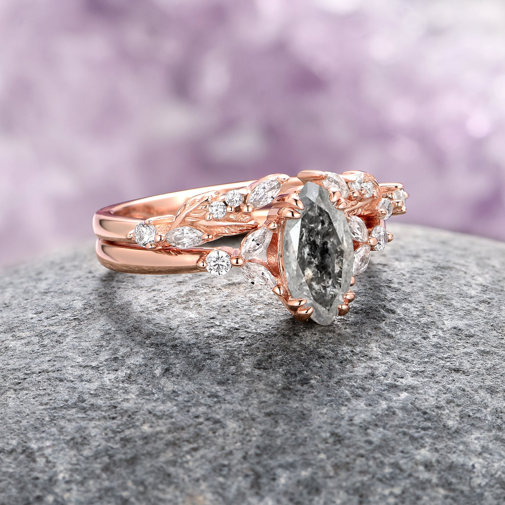 Galaxy Salt and Pepper Herkimer Diamond & Meteorite Couples Ring - Unique Matching Wedding Bands for Him & Her - Perfect for Anniversaries, Engagements and Celestial-Themed Jewelry Gifts