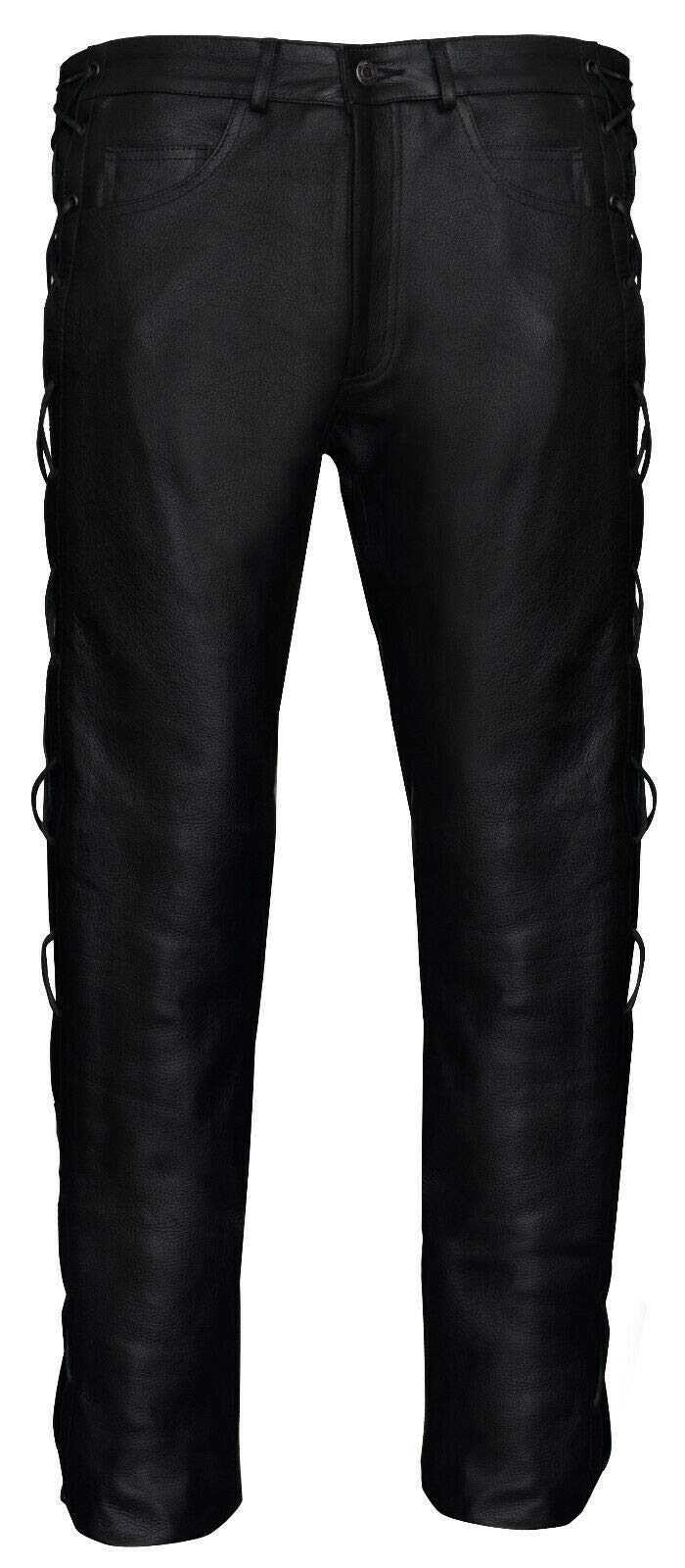 Men's Classic Black Cowhide Leather Motorcycle Pants - Biker Jeans with Lace-Up Detail for Riding & Casual Wear