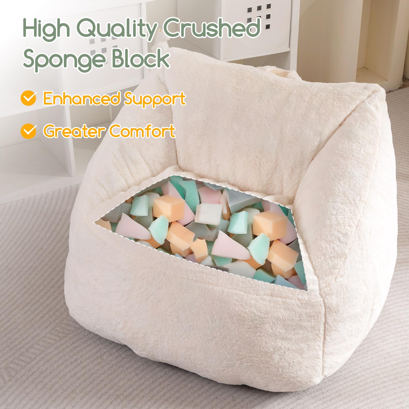 MAXYOYO Bean Bag Chair for Adults, Kids & Teens - Soft Floor Sofa with Handle for Gaming, Reading & Relaxing - Beige - Perfect for Living Room, Bedroom & Game Room