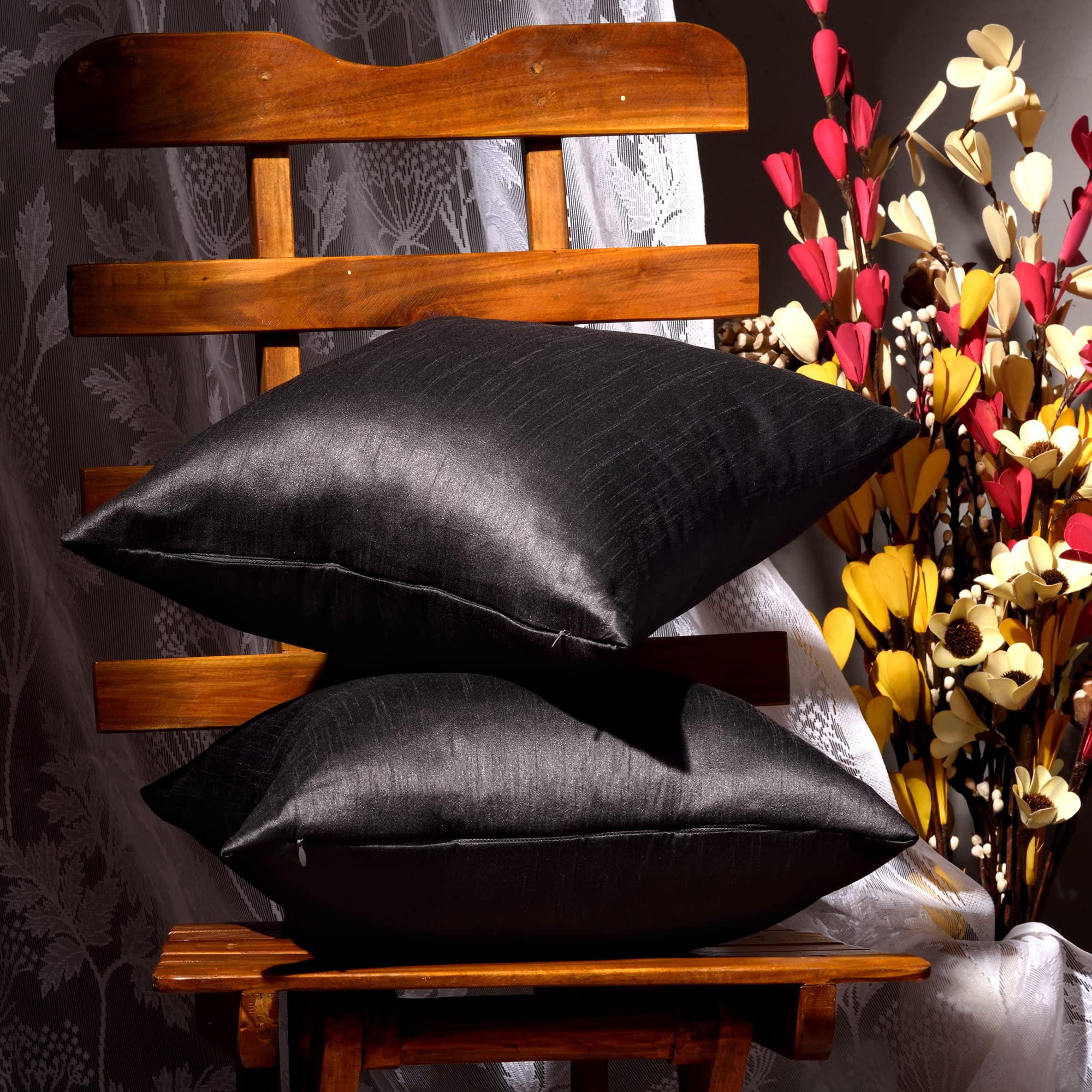 Boho Decorative Throw Pillow Set of 2 - 12x12 Inch Silk Solid Pillow Covers for Couch, Sofa & Bed - Dark Grey Farmhouse Living Room Decor - Perfect for Home Styling, Cozy Reading Nook & Guest Room Accents