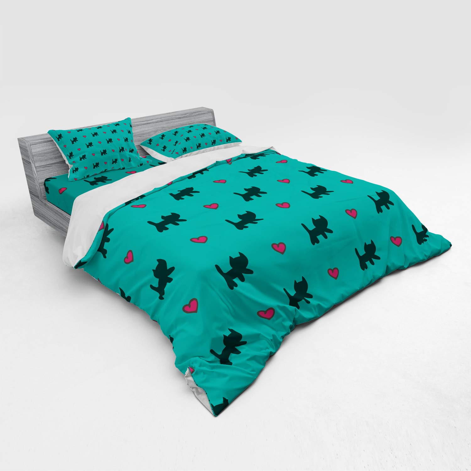 Ambesonne King Size 4-Piece Teal Bedding Set with Duvet Cover, Shams & Fitted Sheet - Cute Kittens with Pink Hearts Animal Design for Valentine's Day - Perfect for Master Bedroom, Guest Room & Cozy Home Decor (Teal, Pink, Dark Blue)