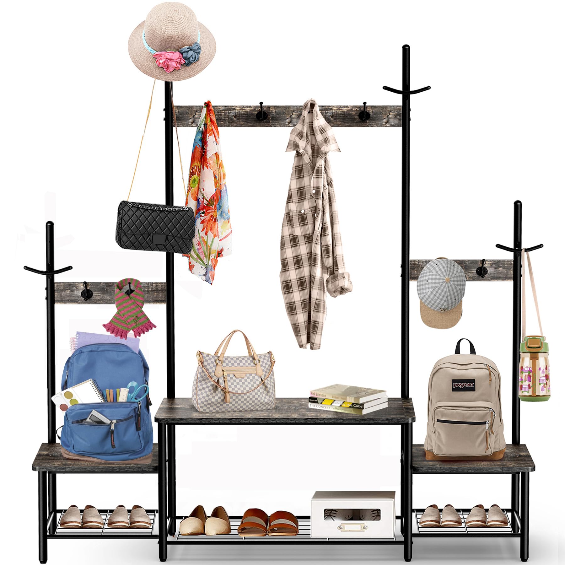 Sturdy Hall Tree Bench with Coat Rack & Shoe Storage - 3-in-1 Entryway Organizer for Foyer, Mudroom & Entrance - Perfect for Small Spaces, Apartments & Family Homes - Keep Shoes, Coats & Bags Neatly Organized