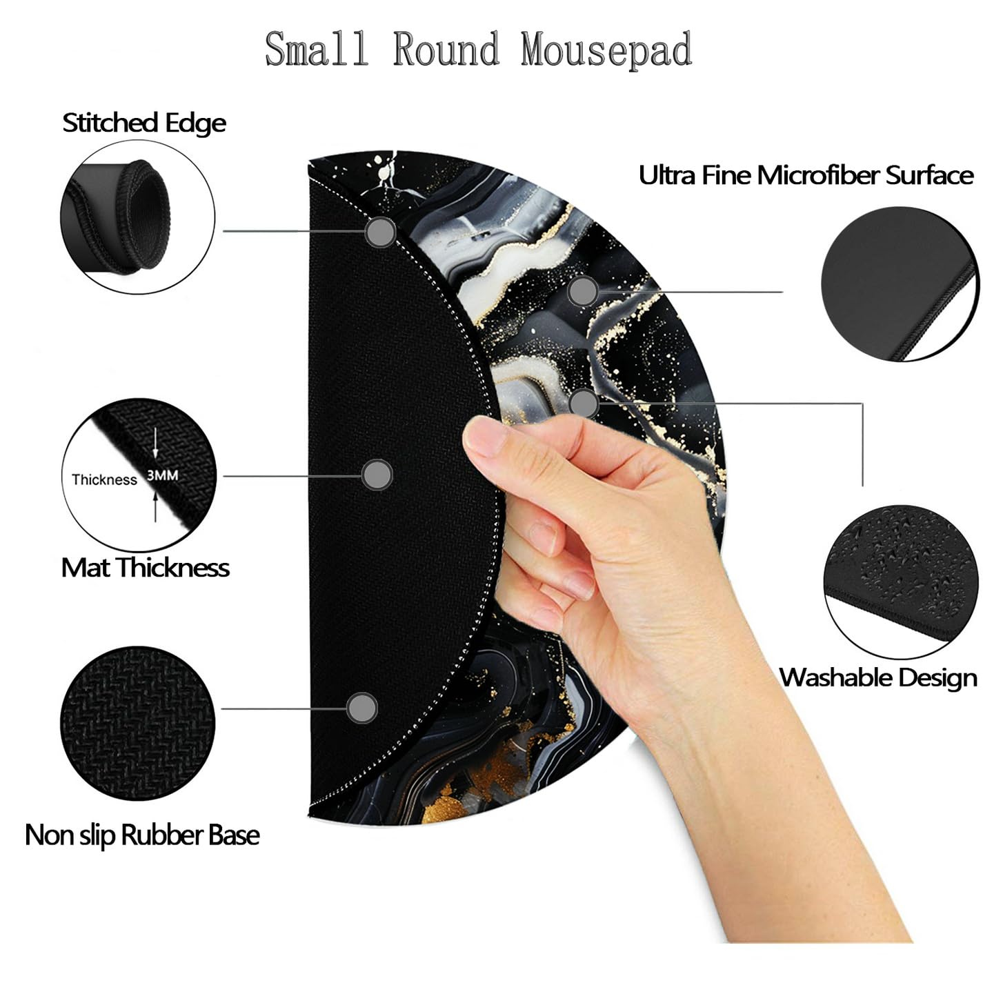 Premium Round Gaming Mouse Pad - Non-Slip Rubber Base with Stitched Edge (7.9 x 7.9 Inch) for PC, Laptop & Office - Grey Black Marble Design - Perfect for Gamers, Programmers & Home Office Use