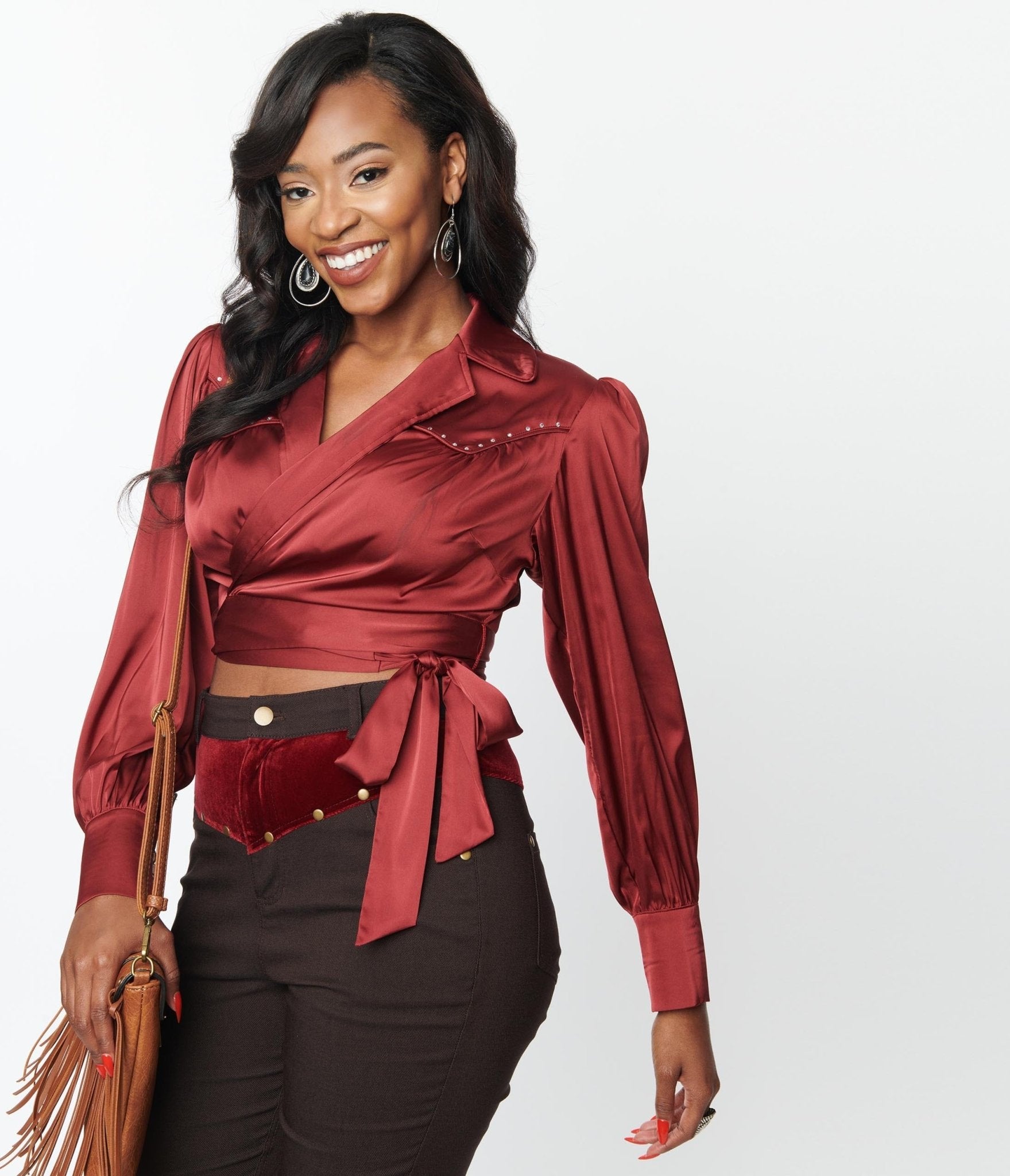 Vintage Burgundy Satin Western Wrap Crop Top for Women - Boho Chic Cowgirl Shirt for Music Festivals & Rodeo Nights