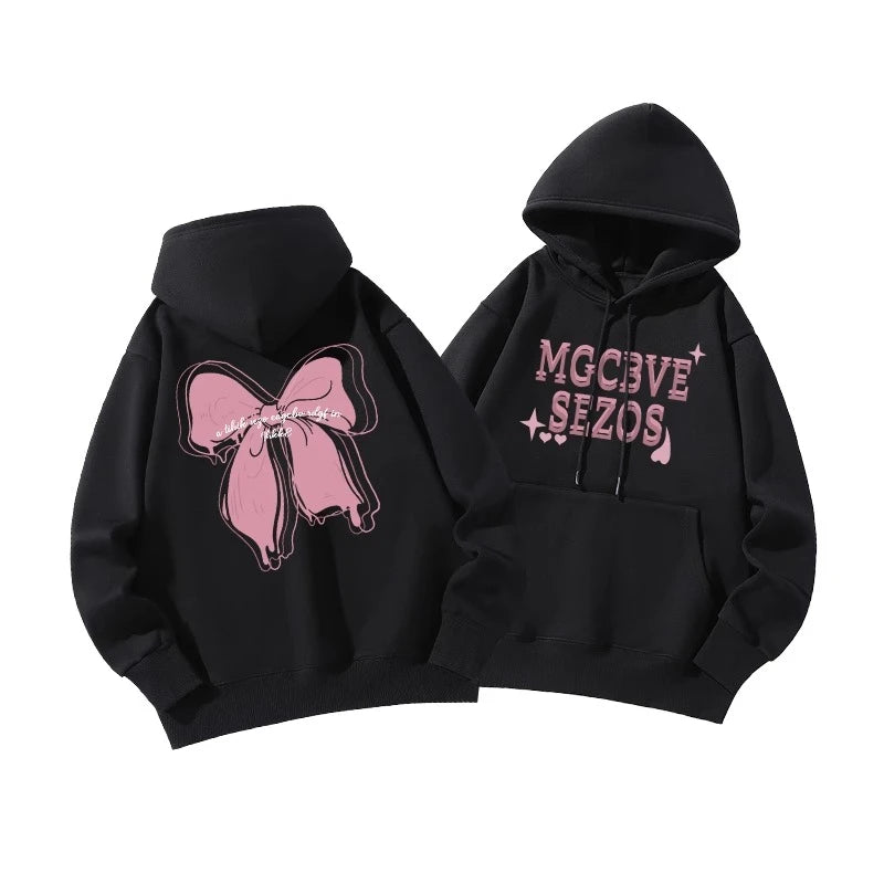 Black Classic Hooded Drawstring Letter Print Women's Hoodie - Fashion Loose Fit Streetwear Basic Pullover (6 Color Options) | Casual Wear, Gym, Outdoor Activities