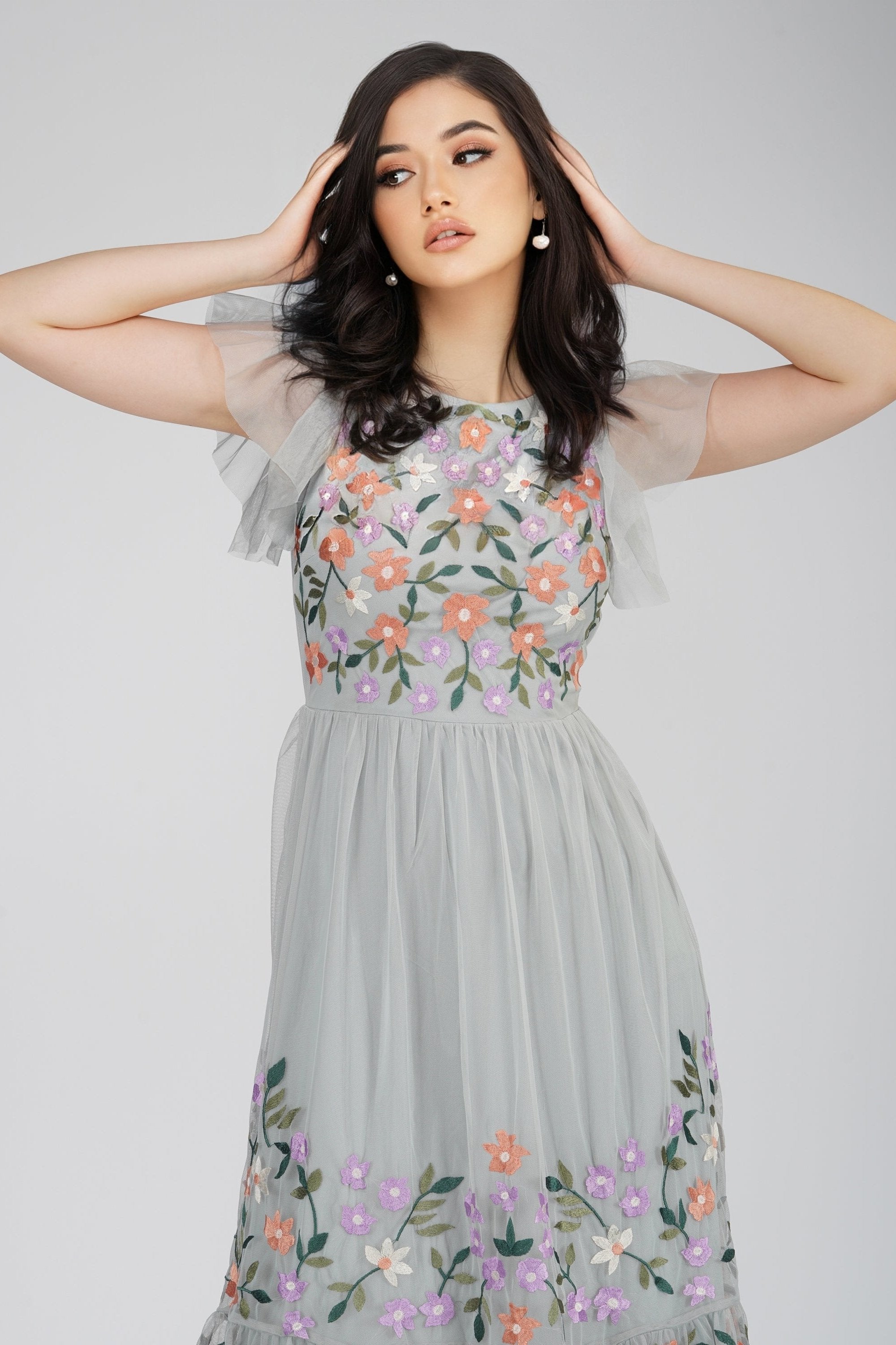 Elegant Iris Dusty Blue Embroidered Floral Dress for Women - Perfect for Weddings, Parties & Special Occasions