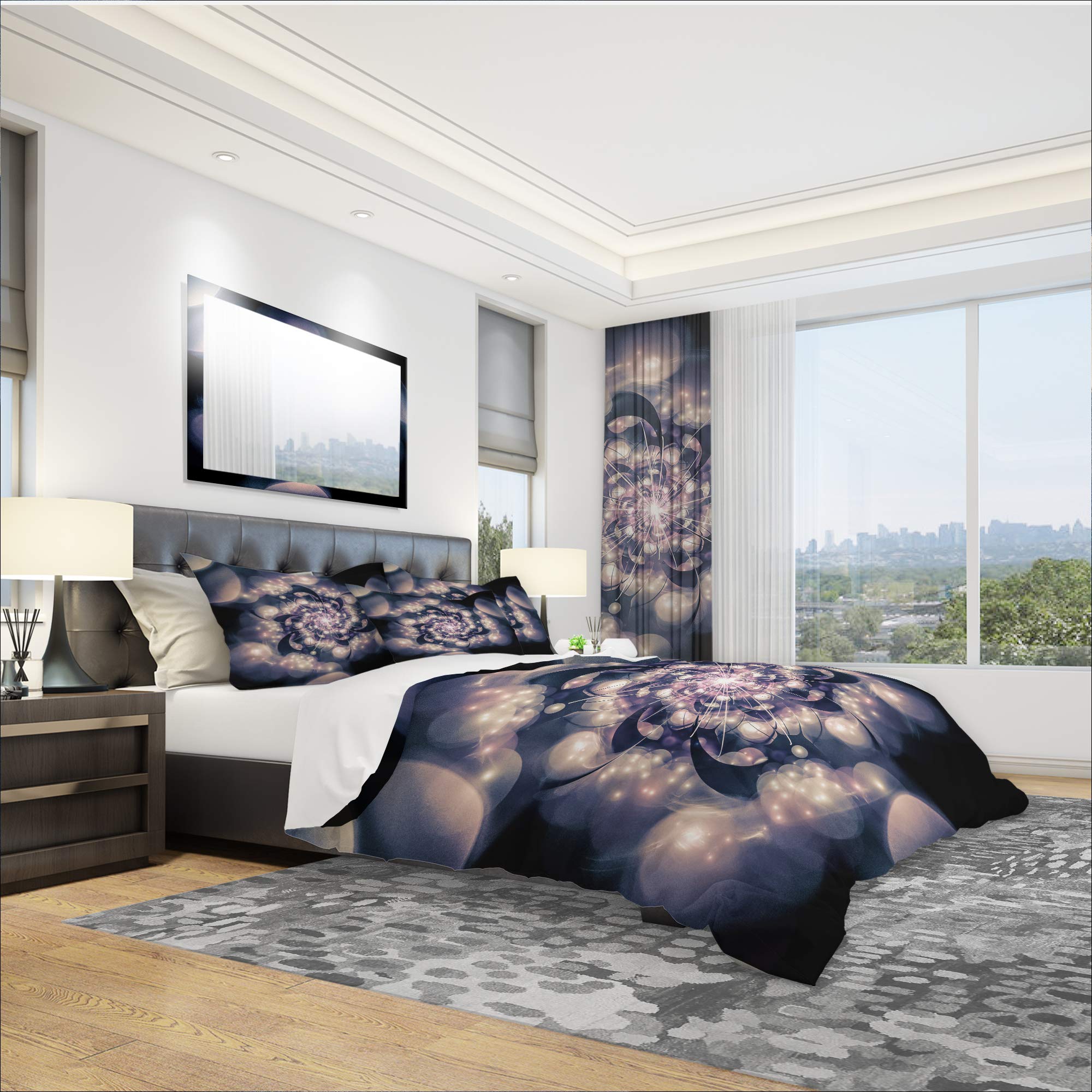 Black & White Fractal Floral Duvet Cover Set Queen - 3 Piece Nautical Coastal Bedding for All Seasons | Perfect for Beach House, Guest Room & Modern Bedroom Decor