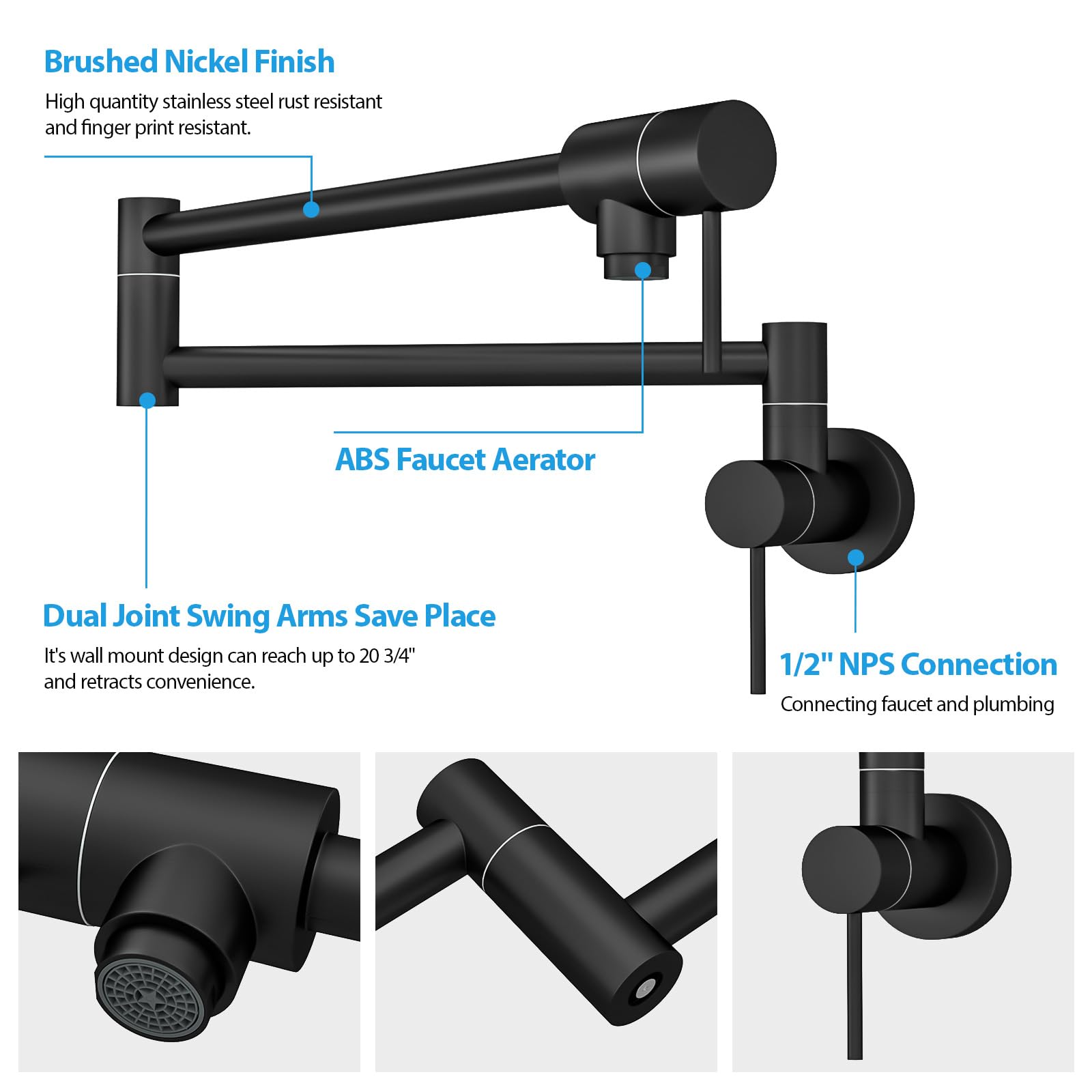 Stainless Steel Wall Mounted Pot Filler Faucet - Matte Black Folding Single Hole Two Handle Kitchen Sink Faucet for Stove & Cooking Area | Perfect for Home Chefs & Professional Kitchens