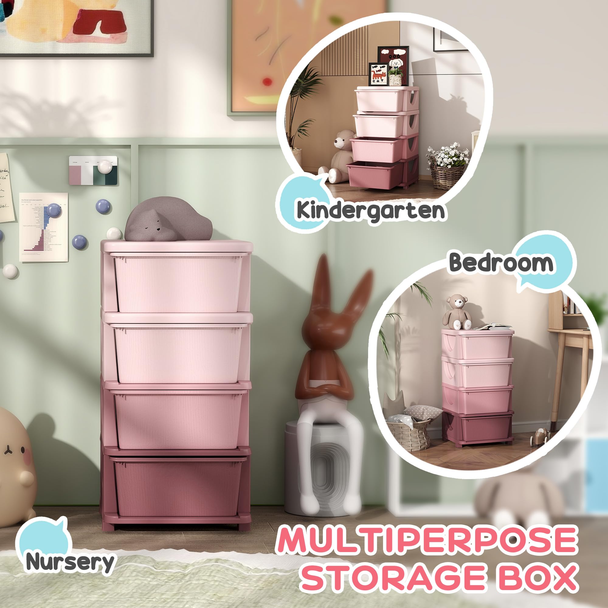 Qaba 4-Tier Kids Storage Unit with 4 Drawers - Toy Organizer with Plastic Bins for Bedroom, Nursery & Kindergarten - Space-Saving Storage Solution for Boys, Girls & Toddlers (Pink) - Perfect for Organizing Toys, Books & Clothes in Kids' Rooms & Play Areas