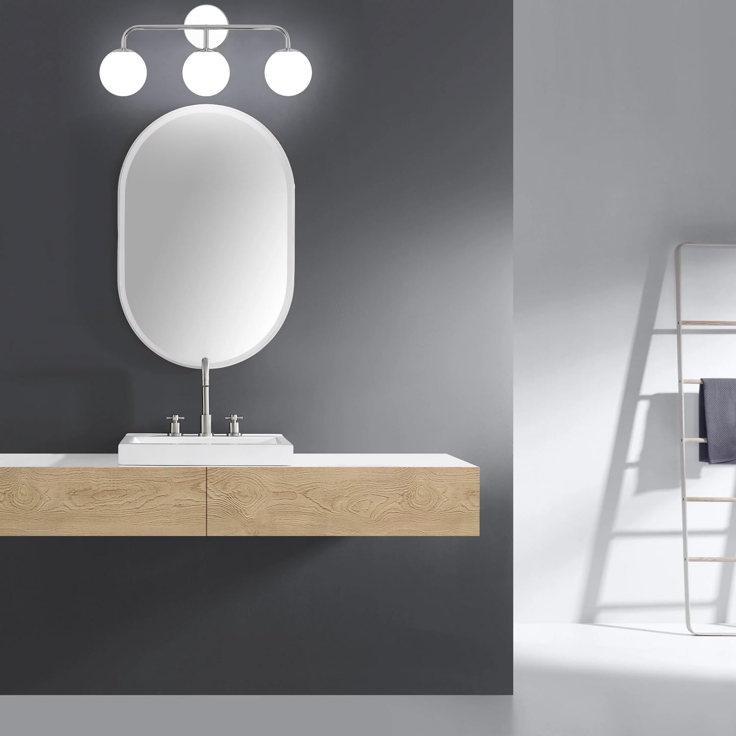 Mid-Century Modern Chrome Bathroom Vanity Lights - 3-Light Mirror Lighting for Elegant Bathrooms