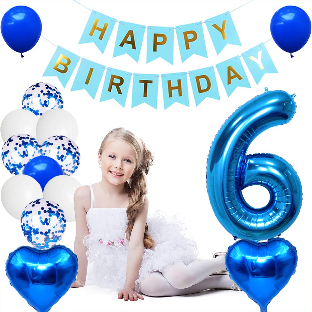 6th Birthday Party Decorations Kit - Blue Foil Balloons, Happy Birthday Banner, White & Blue Confetti & Star Balloons - Perfect for Girls & Boys Birthday Celebrations - Ideal for Home Parties, School Events & Birthday Photos