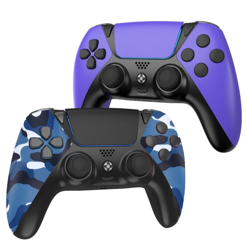 2 Pack Wireless PS4 Controller with Motion Sensor, Audio Jack & Long Battery Life - Compatible with Playstation 4/Slim/Pro & PC (Blue Camo & Purple) - Perfect for Gaming, Streaming & Multiplayer Sessions