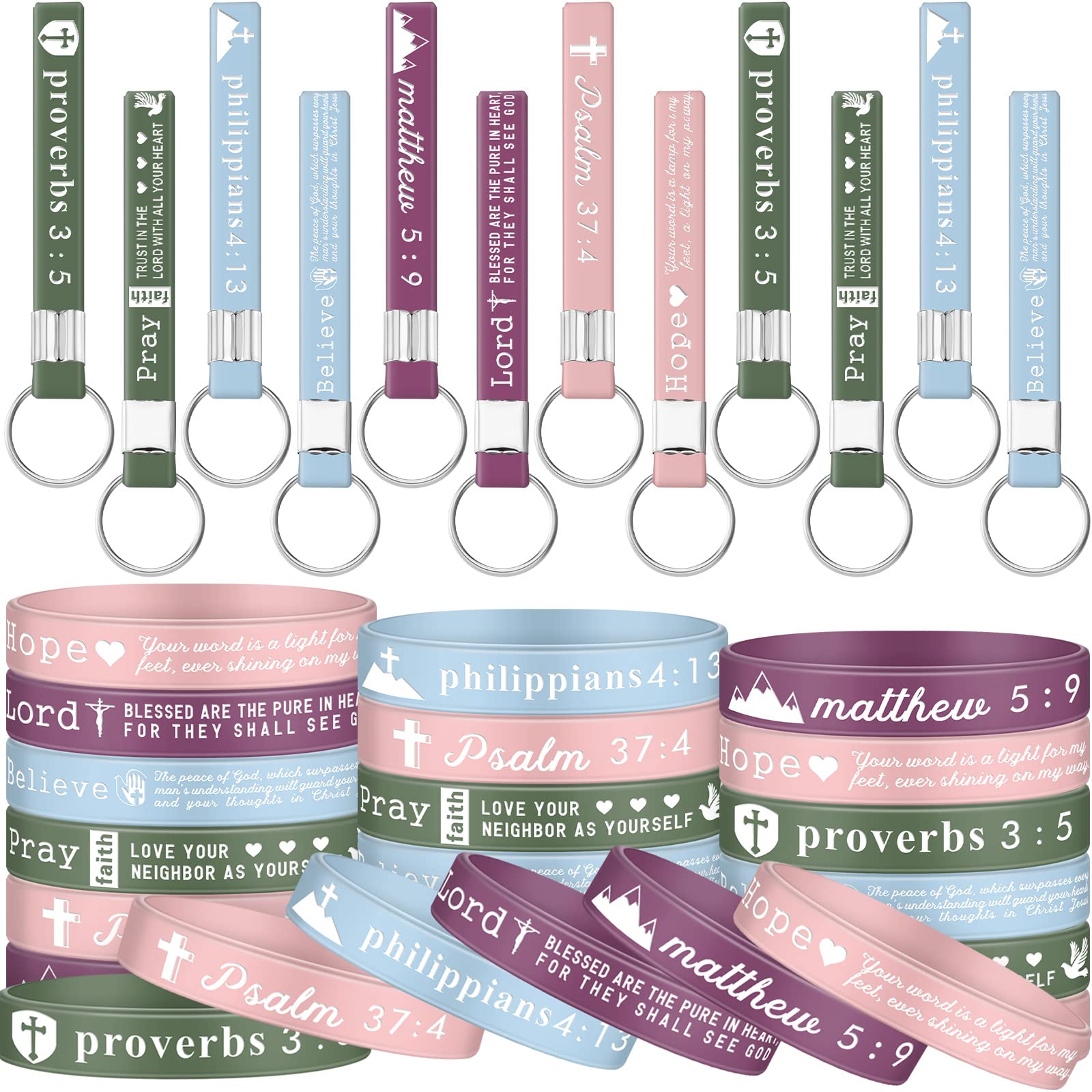 Lewtemi 24 Pcs Christian Keychain Set - Bible Verse Keychains with Religious Silicone Bracelets, Inspirational Engraved Gifts for Faith-Based Encouragement | Perfect for Church Events, Baptisms, Bible Study Groups & Christian Gift Giving
