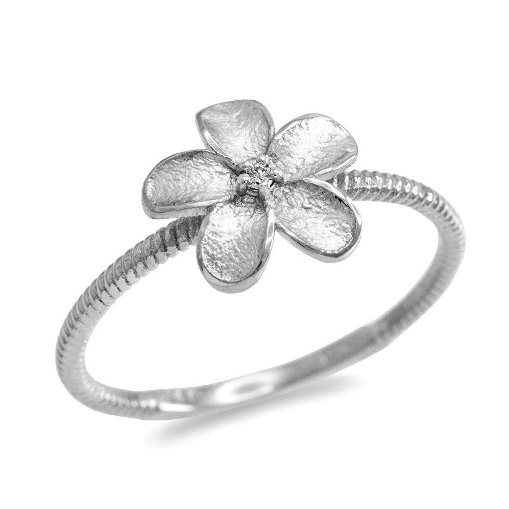10K White Gold Solitaire Diamond Rope Band Hawaiian Plumeria Flower Ring for Women - Elegant Wedding, Engagement, Anniversary Jewelry Gift - Perfect for Beach Weddings, Tropical Vacations and Summer Fashion