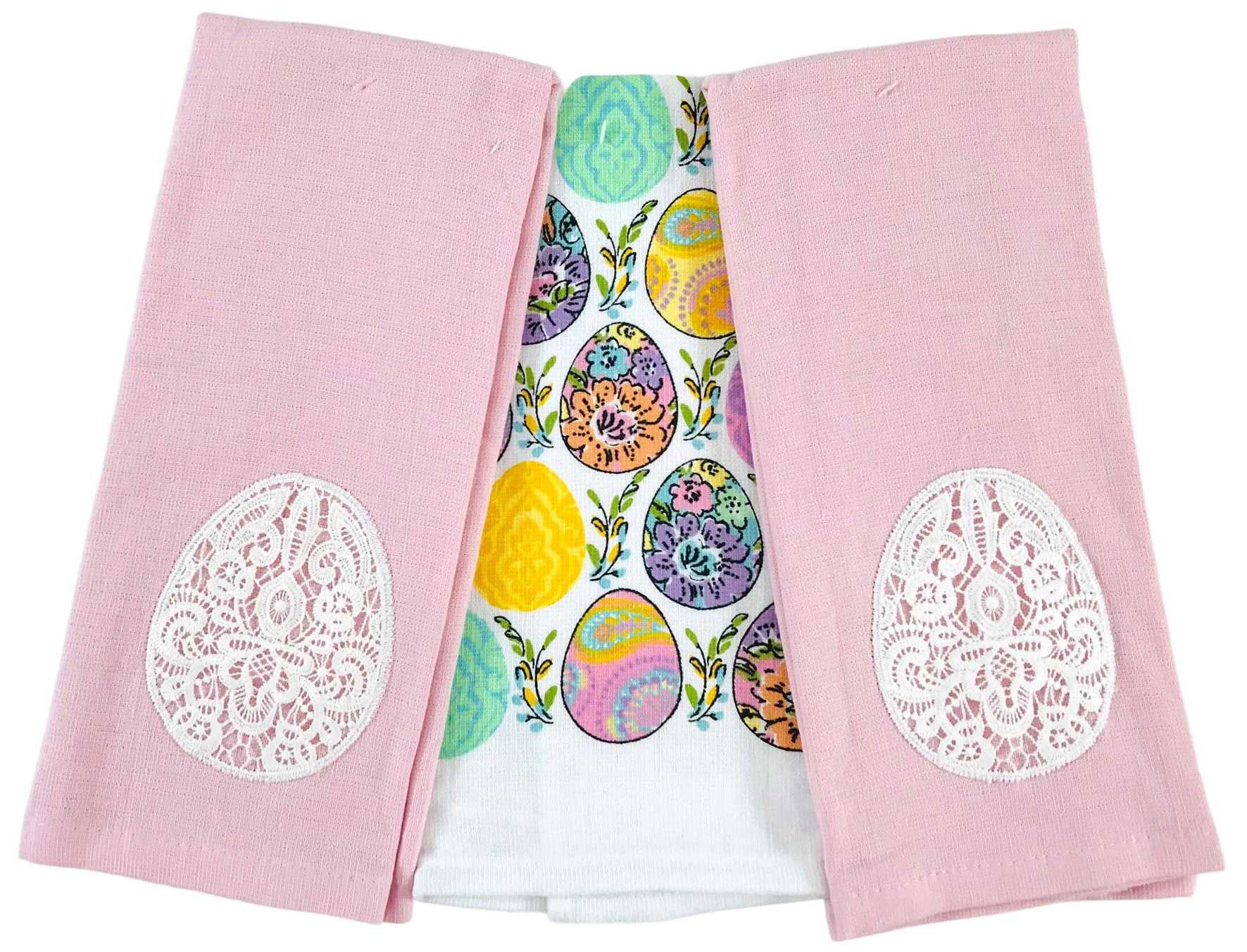 Easter Kitchen Dish Towels 2-Pack - Pink Terry Cotton Towels with Macramé Lace & Easter Egg Applique for Spring Decor (Pink/White) - Perfect for Easter Brunch, Spring Kitchen Decor & Gift Giving