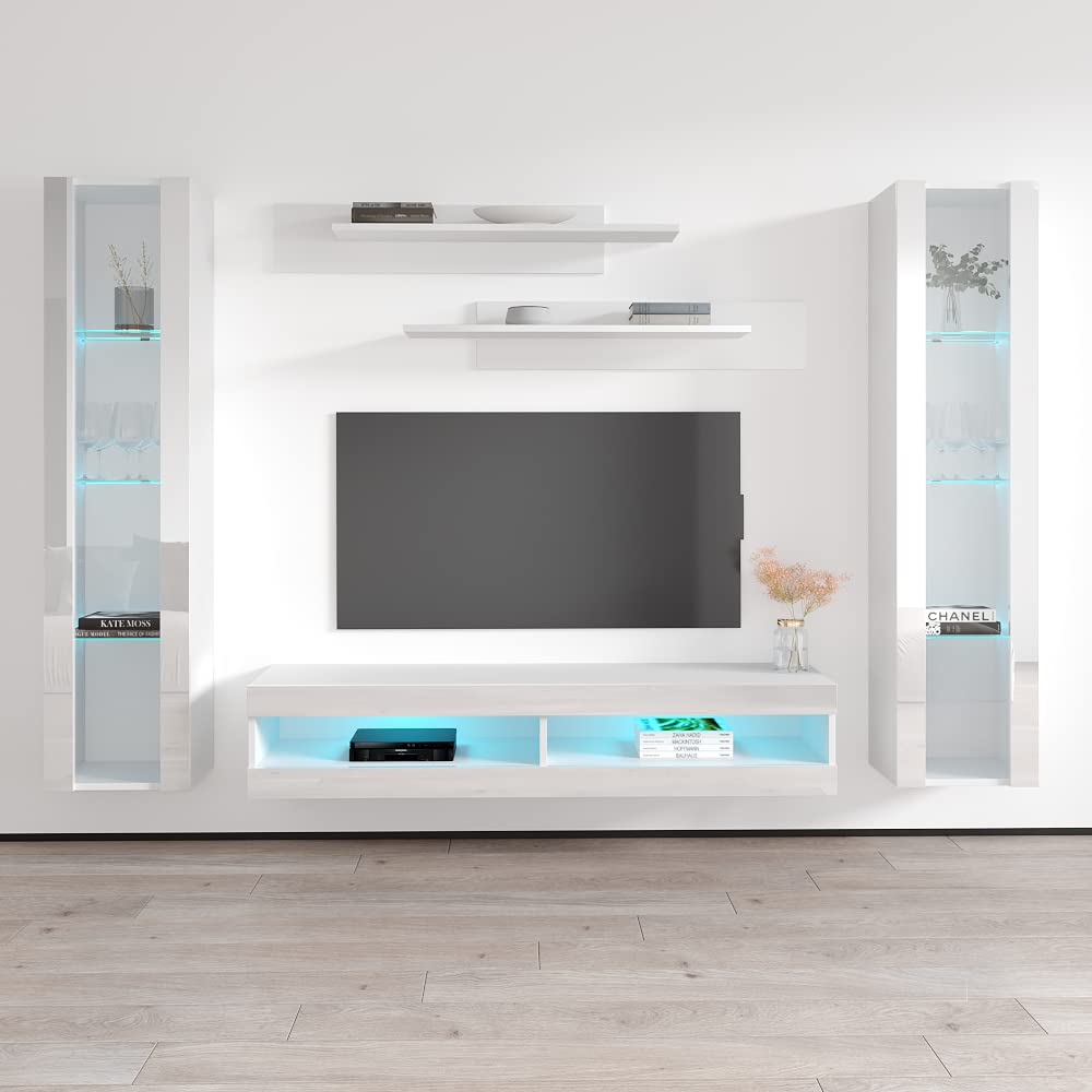 Modern Floating TV Stand with Storage & LED Lights - Wall-Mounted Entertainment Center Console for Bedroom & Living Room - White TV Cabinet with Shelves - Perfect for Small Spaces & Home Theater Setup
