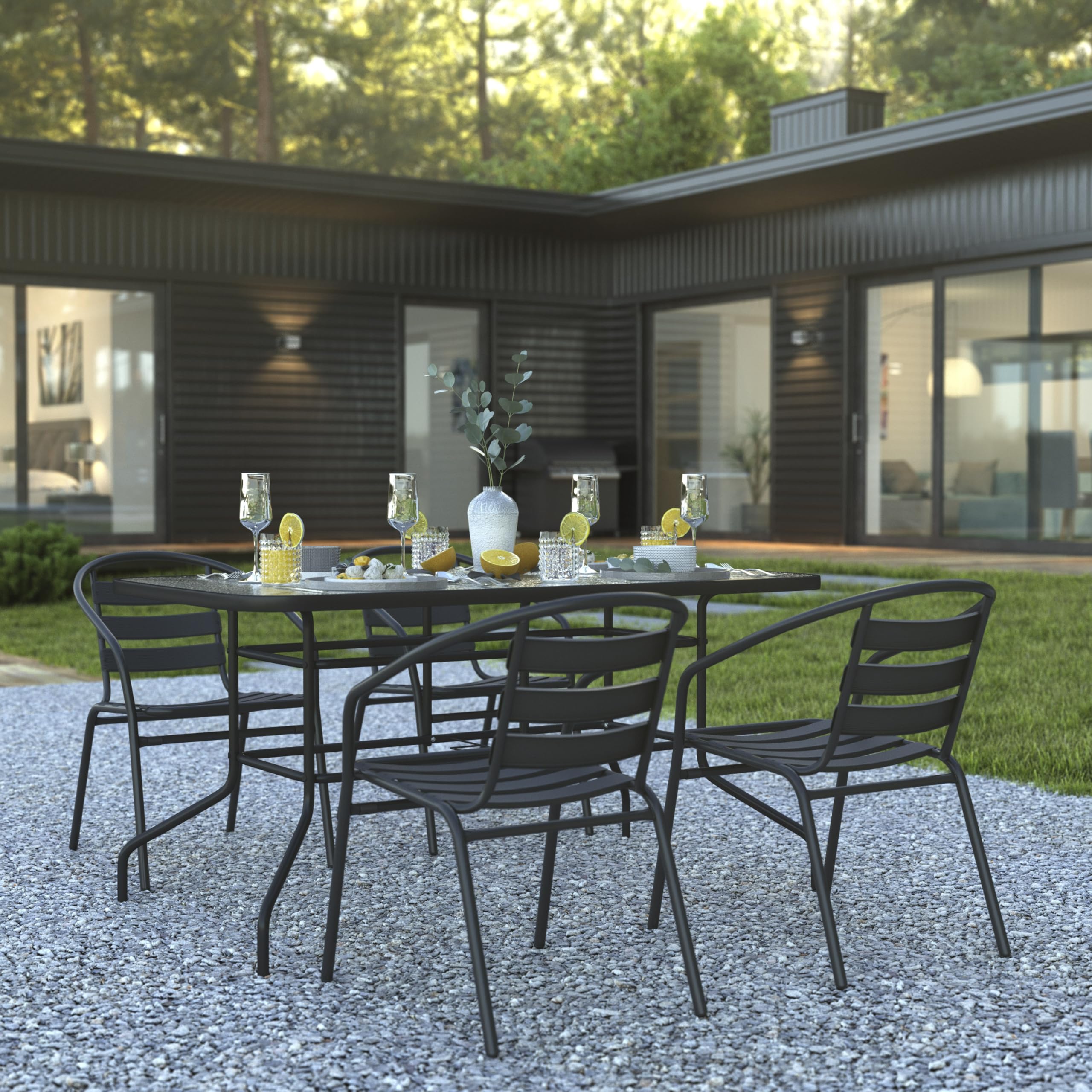 5-Piece Outdoor Patio Dining Set with 4 Black Metal Aluminum Slat Stack Chairs & 55