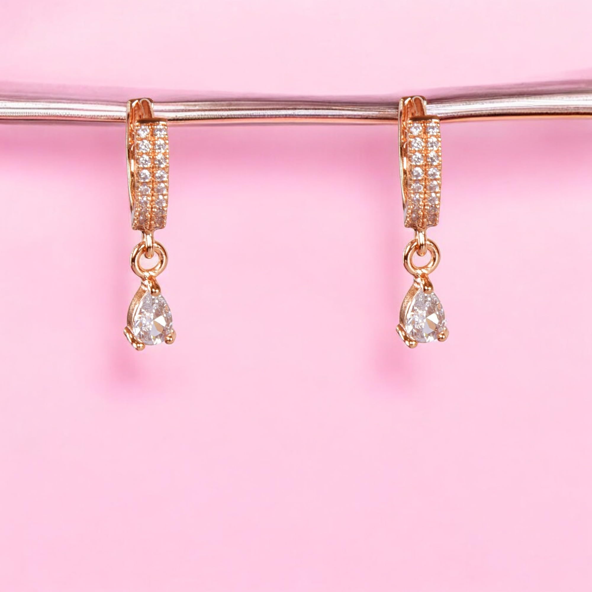 18K Rose Gold Plated Clip-On Hoop Earrings for Women | Stylish Zircon Drop Design Earrings | Fashion Jewelry Gift for Girls & Women | Perfect for Parties, Weddings & Daily Wear