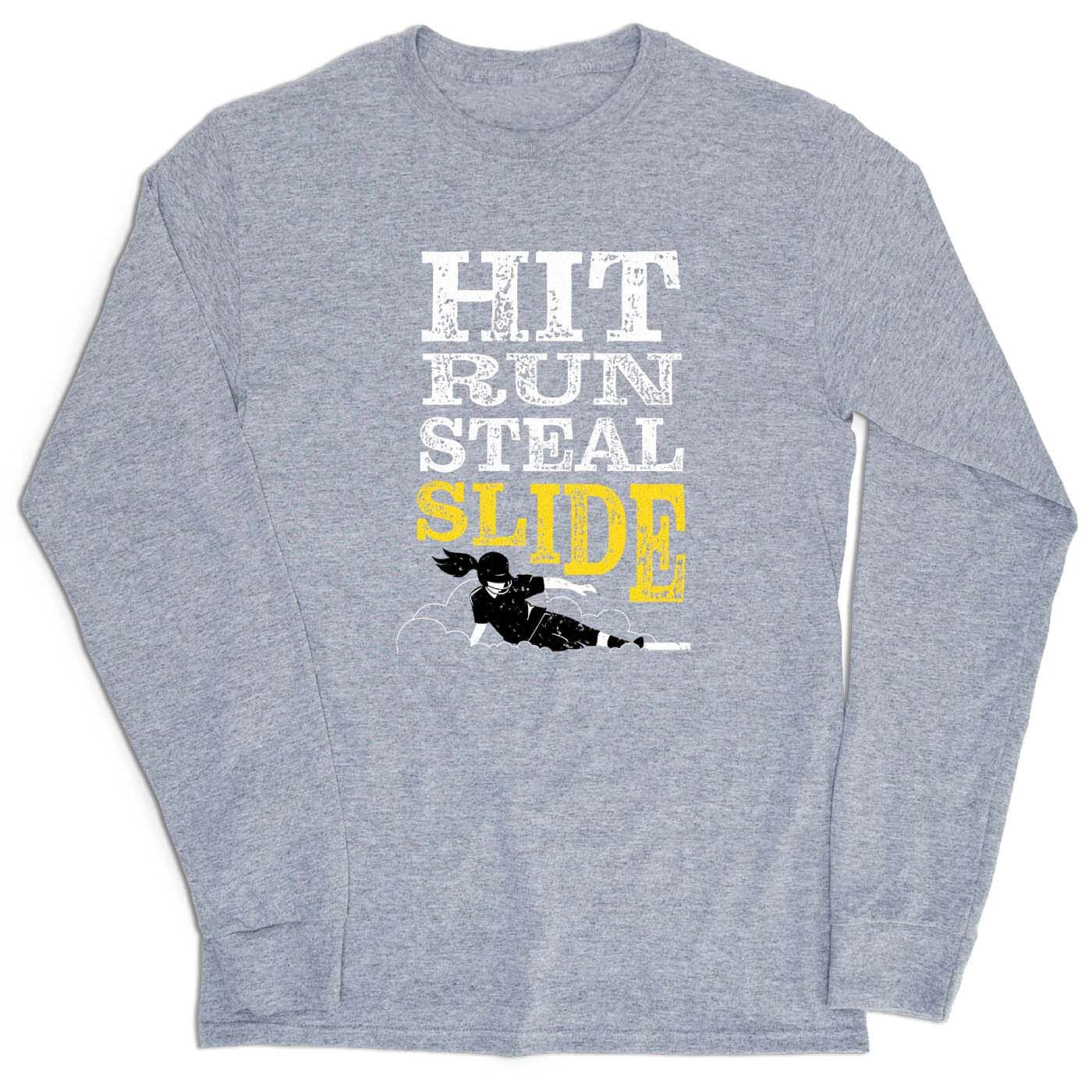 ChalkTalkSPORTS Softball Training Shirt - Hit Run Steal Slide Design | Long Sleeve Performance Tee for Baseball & Softball Players | Youth & Adult Sizes Available | Perfect for Practice, Games & Team Uniforms