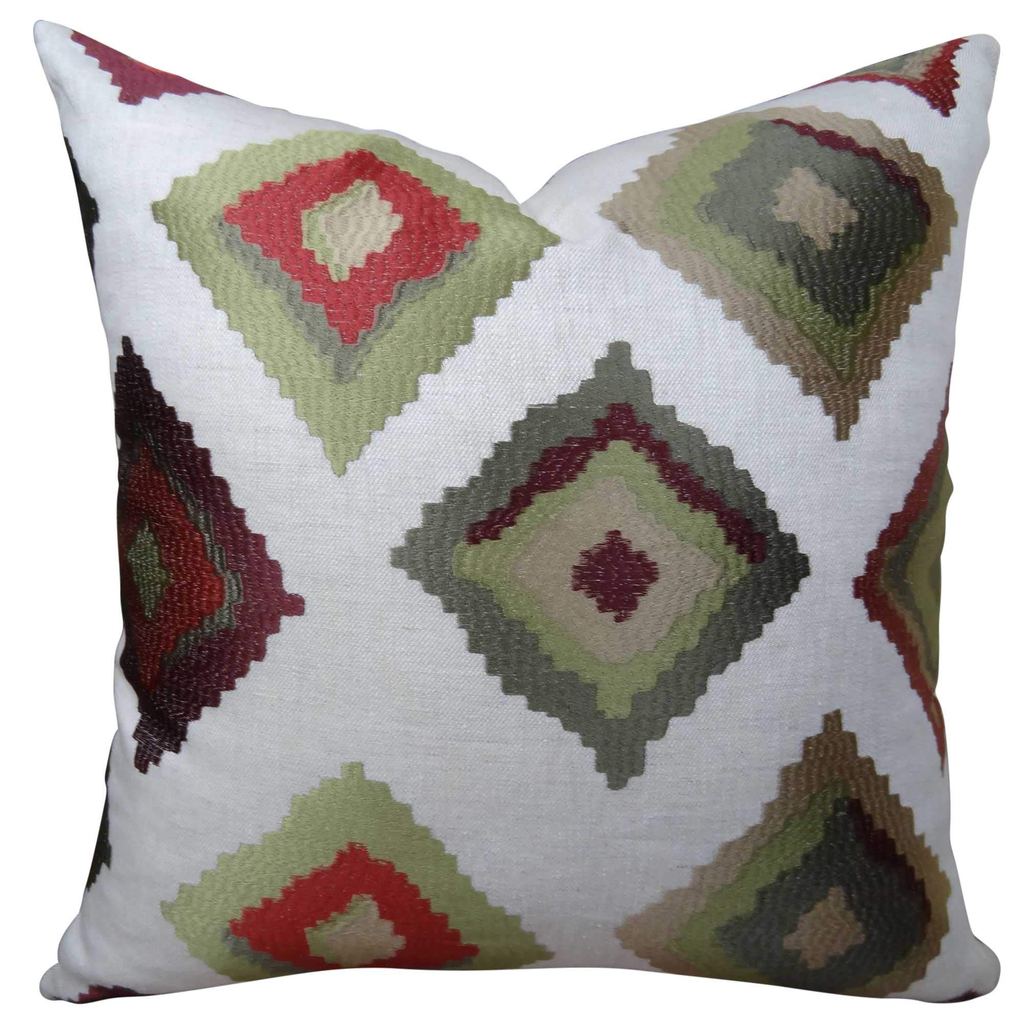 Plutus Earth Native-Trail Handmade Throw Pillow 18x18 Inches - Boho Chic Decorative Cushion Cover for Sofa, Bed, Living Room - White, Green, Red Tribal Pattern Home Decor