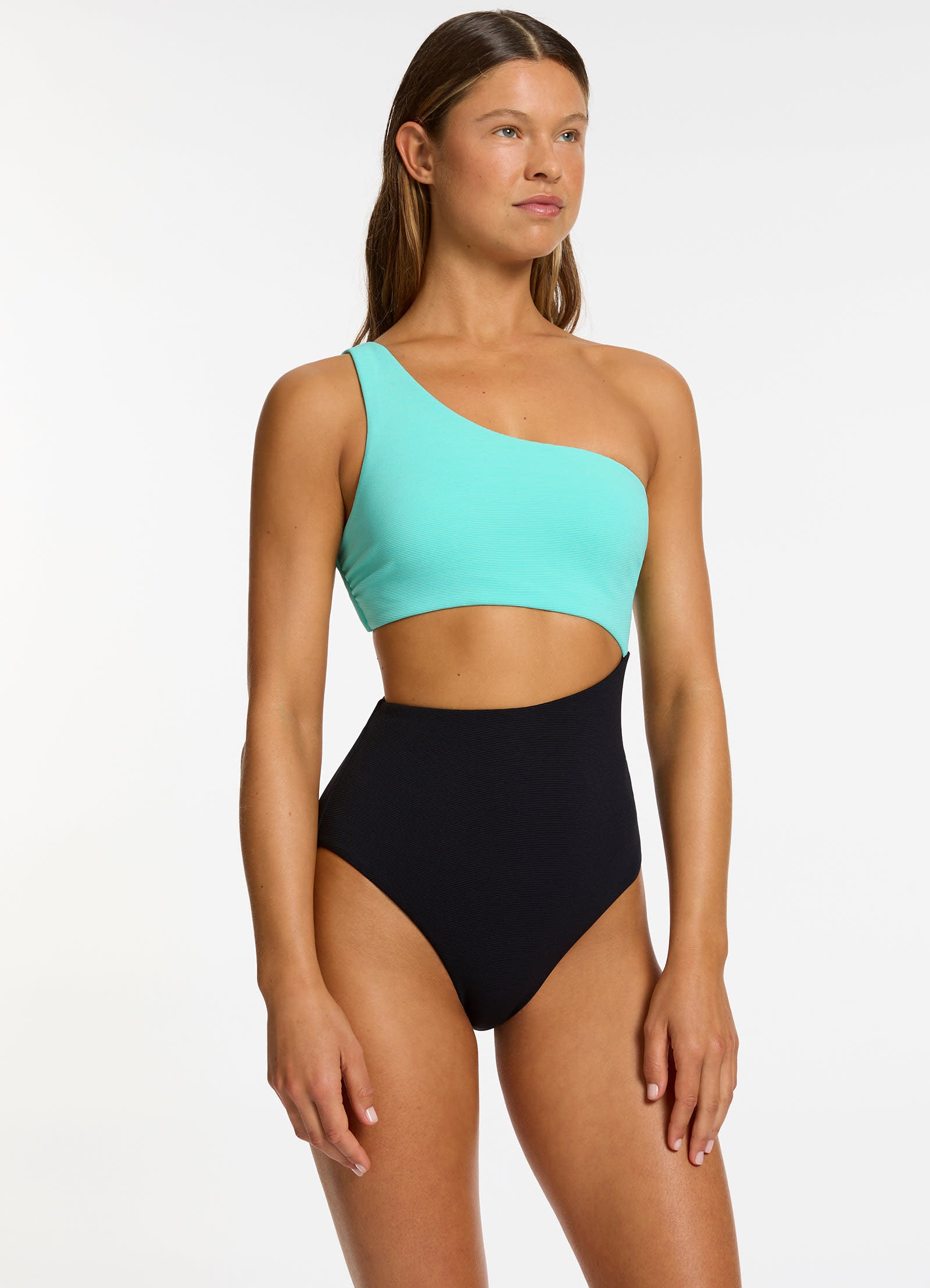 Versa Rib One Shoulder One Piece Swimsuit - Black / Dolce - Perfect for Beach Vacations & Poolside Lounging