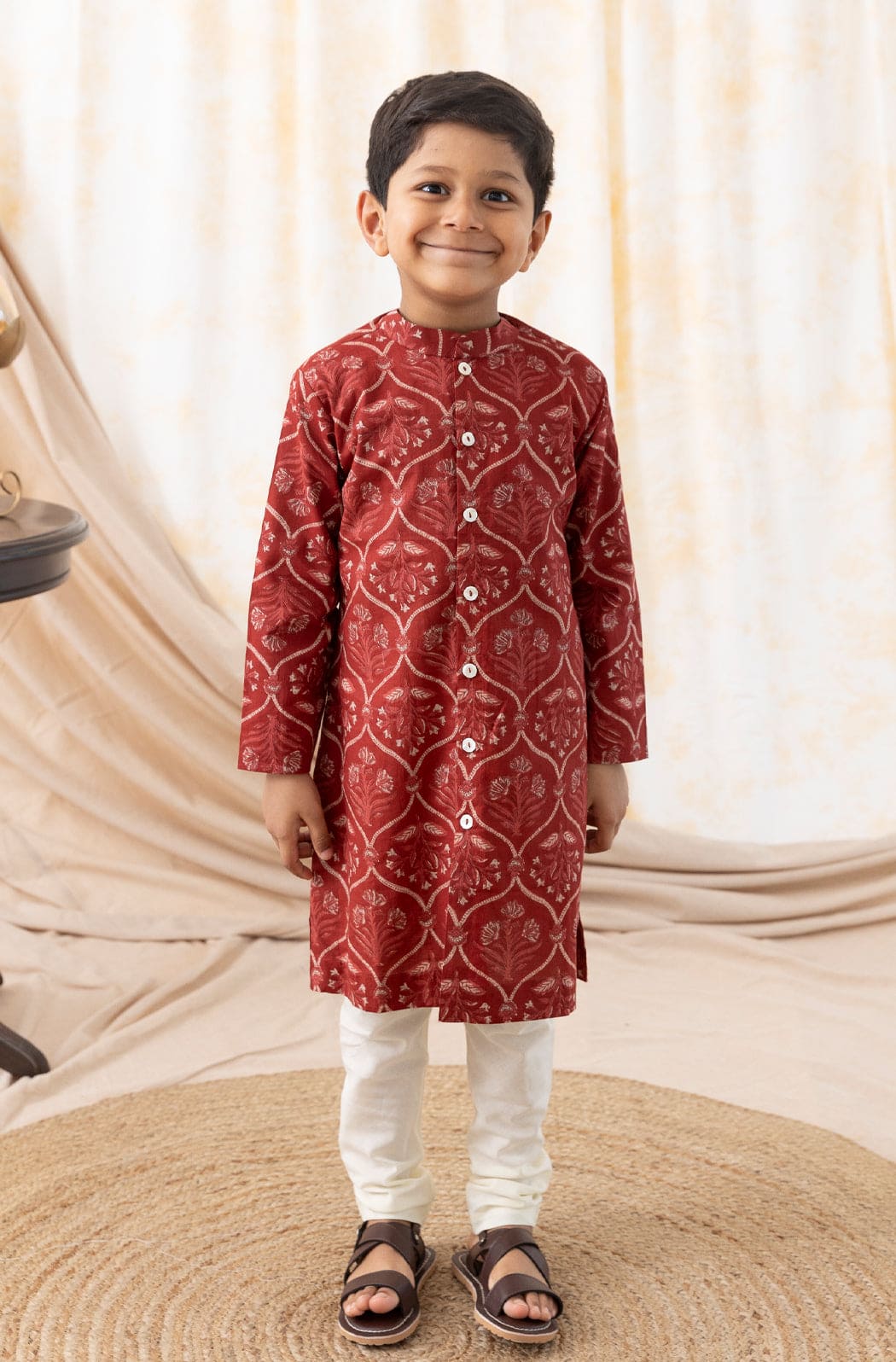 Pre Order: Boys Floral Print Kurta Pyjama Set in Maroon - Perfect for Festivals, Weddings & Traditional Occasions