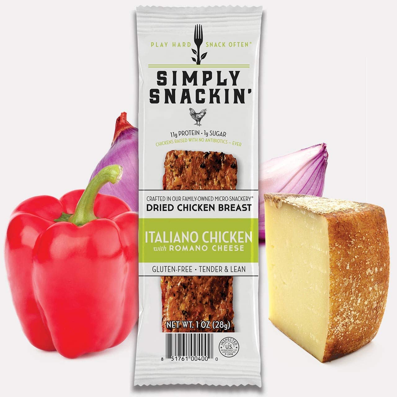Simply Snackin' - High Protein Dried Chicken Breast Snacks | Low Calorie, Low Sugar, Gluten Free | Tender Lean Meat | 20-Pack Italian Chicken with Romano Cheese | Perfect for Keto Diet, Gym Snacks & On-the-Go Nutrition