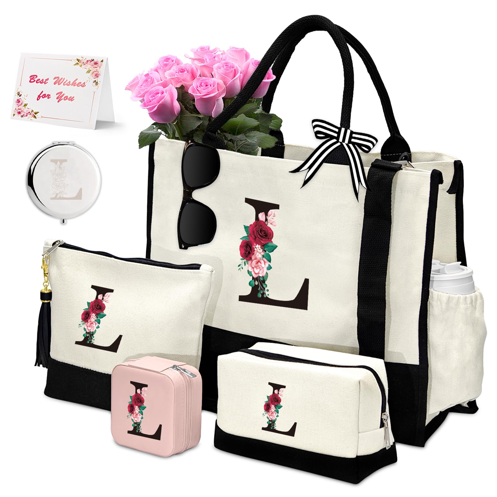 Personalized Initial Birthday Gift Basket for Women - Custom Canvas Tote Bag, 2 Makeup Pouches & Jewelry Travel Case | Thoughtful Present for Mom, Grandma, Teacher | Perfect for Christmas, Mother's Day & Special Occasions