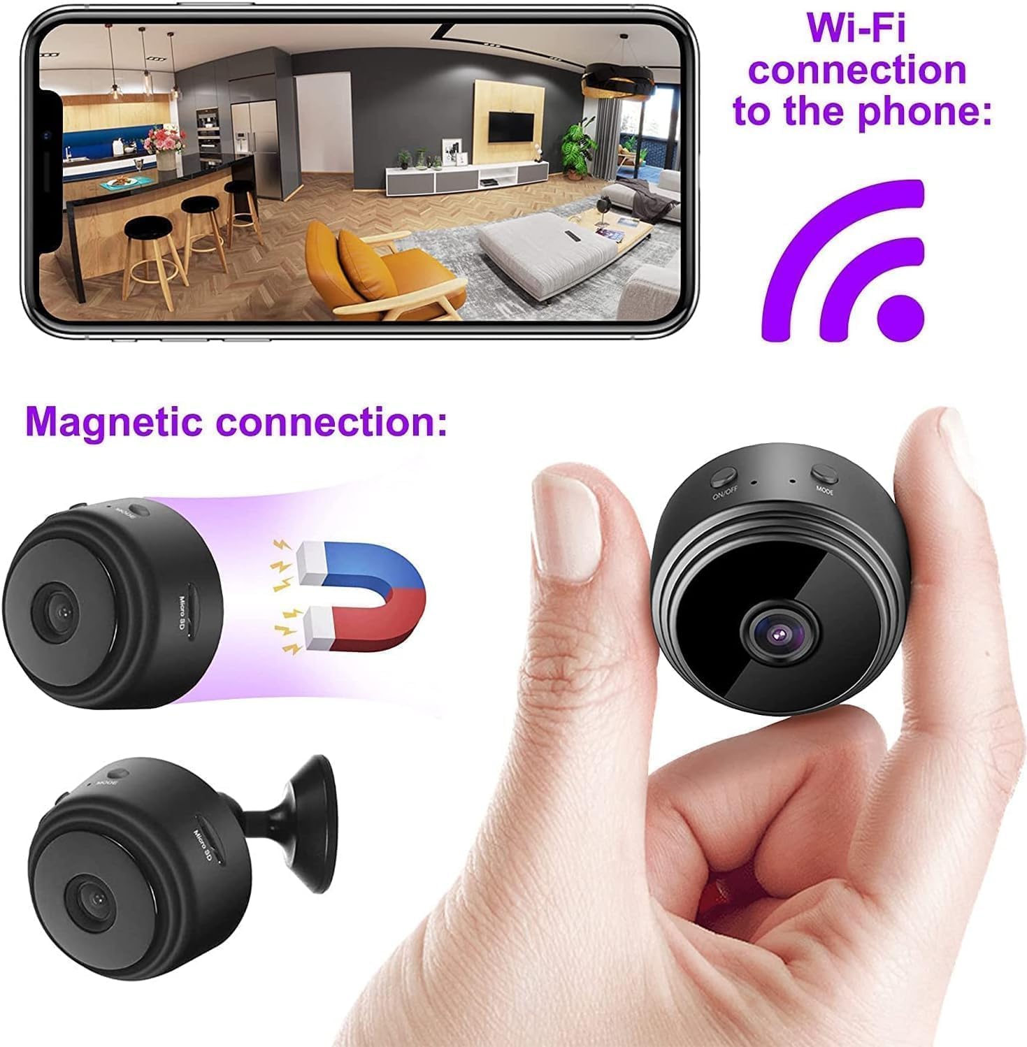 Camtrix Magnetic Mini Security Camera 1080p HD Wireless - Night Vision, Motion Detection, Covert Surveillance with App - Ideal for Home, Office, and Indoor Security Monitoring (1 Pack)