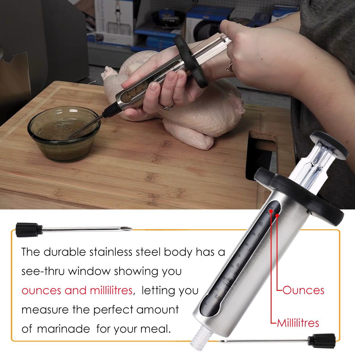 Premium Stainless Steel Meat Injector Kit - 2 Professional Marinade Needles with Measurement Window & Cleaning Brushes - Perfect for BBQ, Grilling, Smoking, and Home Cooking
