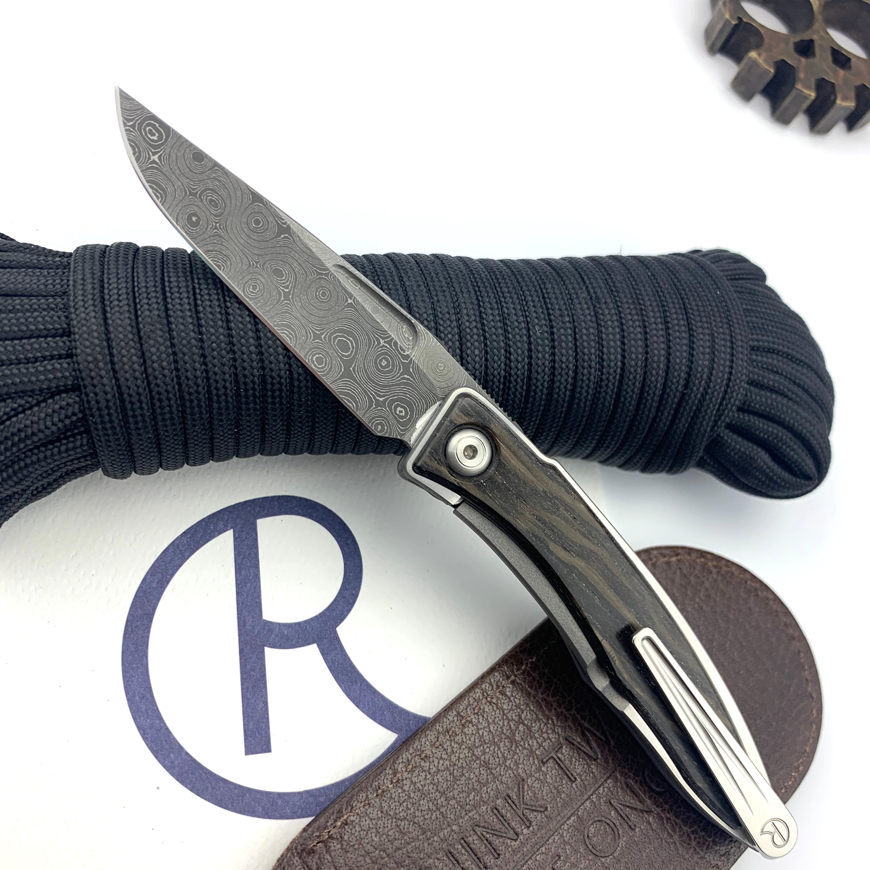 Chris Reeve Knives Mnandi Left Hand Bog Oak Folding Knife with Raindrop Damascus Blade - Premium EDC Pocket Knife for Outdoor, Camping & Everyday Carry