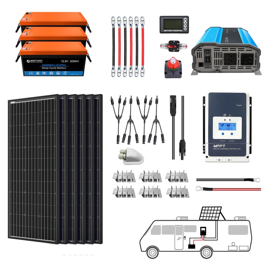 Acopower 100W Monocrystalline Solar Panel with 600Ah/3kW Lithium Battery (3x200Ah) - Perfect for RV, Marine & Off-Grid Power Systems